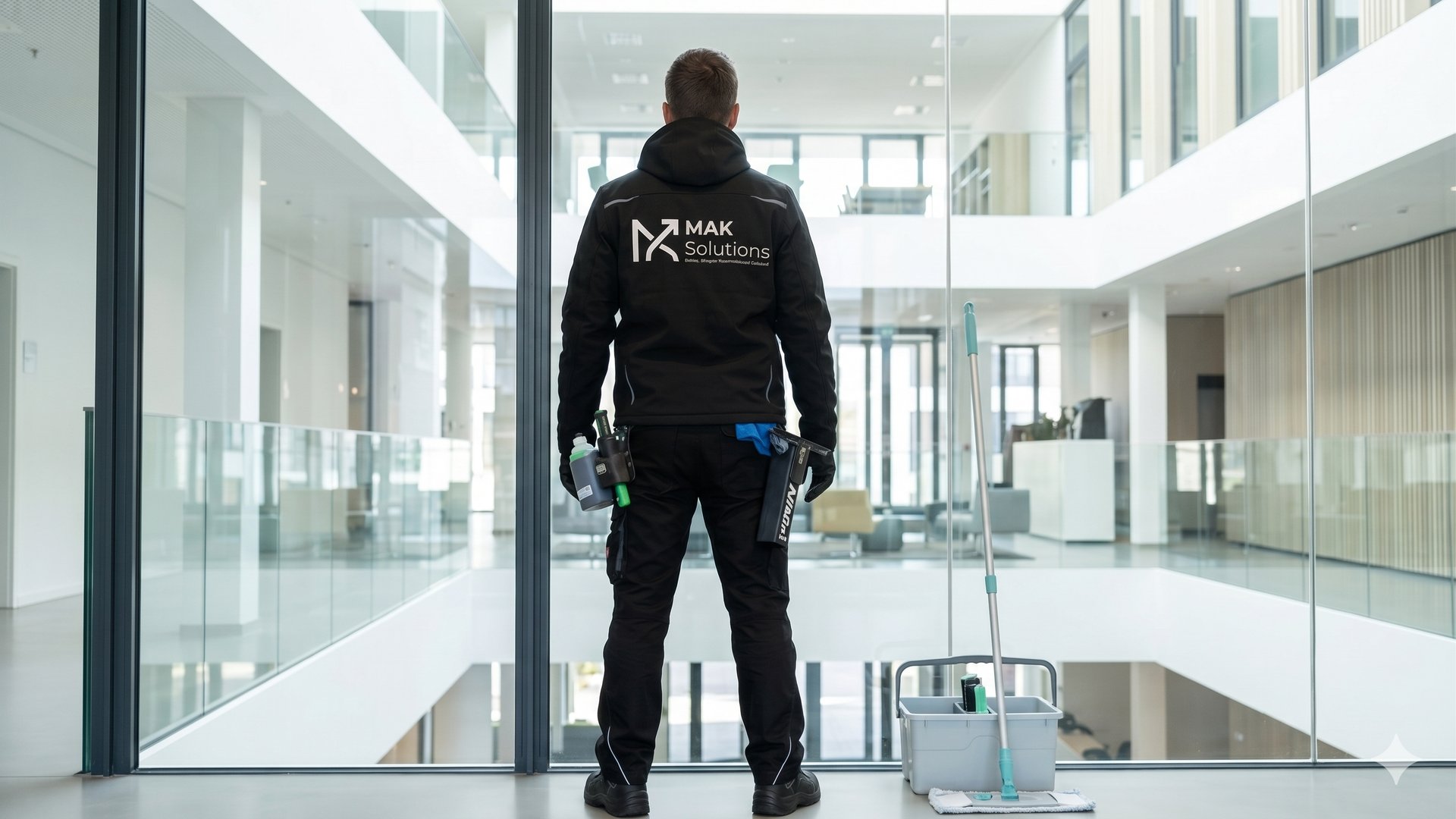 MAK Solutions Mitarbeiter steht vor den gereinigten Fenstern nachdem eine eine Glasreinigung durchgefhrt haben