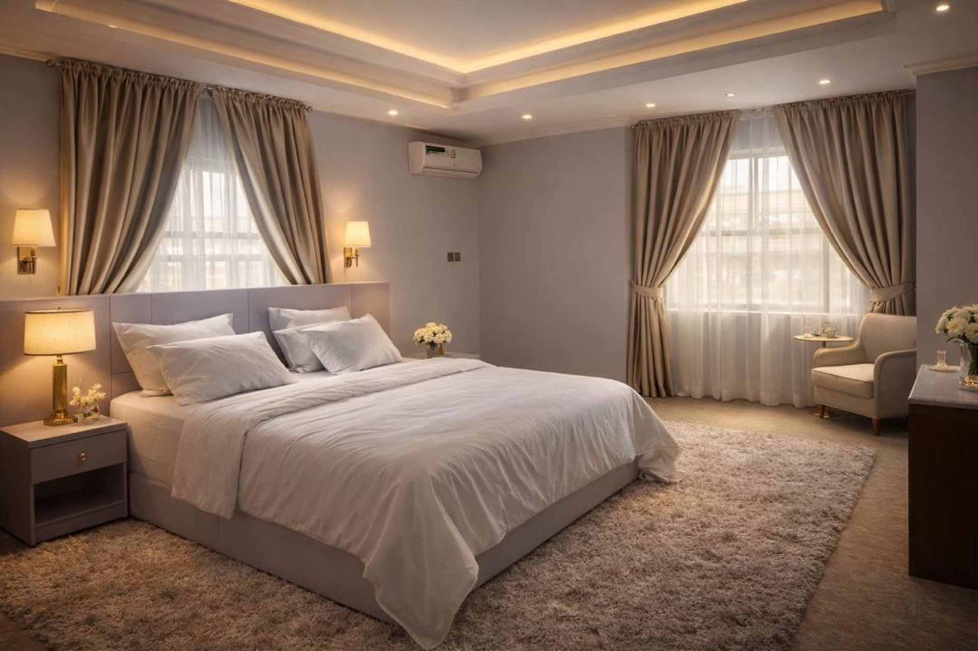 white bed linen with throw pillows