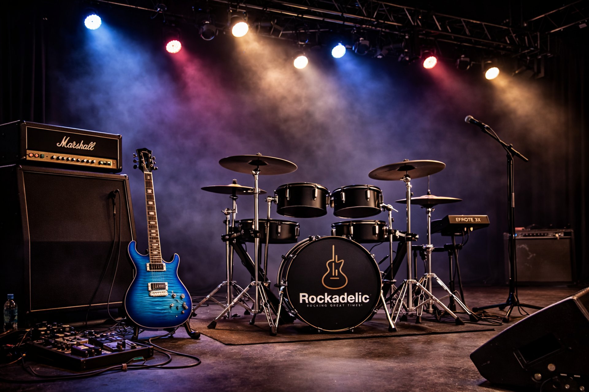 black and white electric guitar near speaker and drums