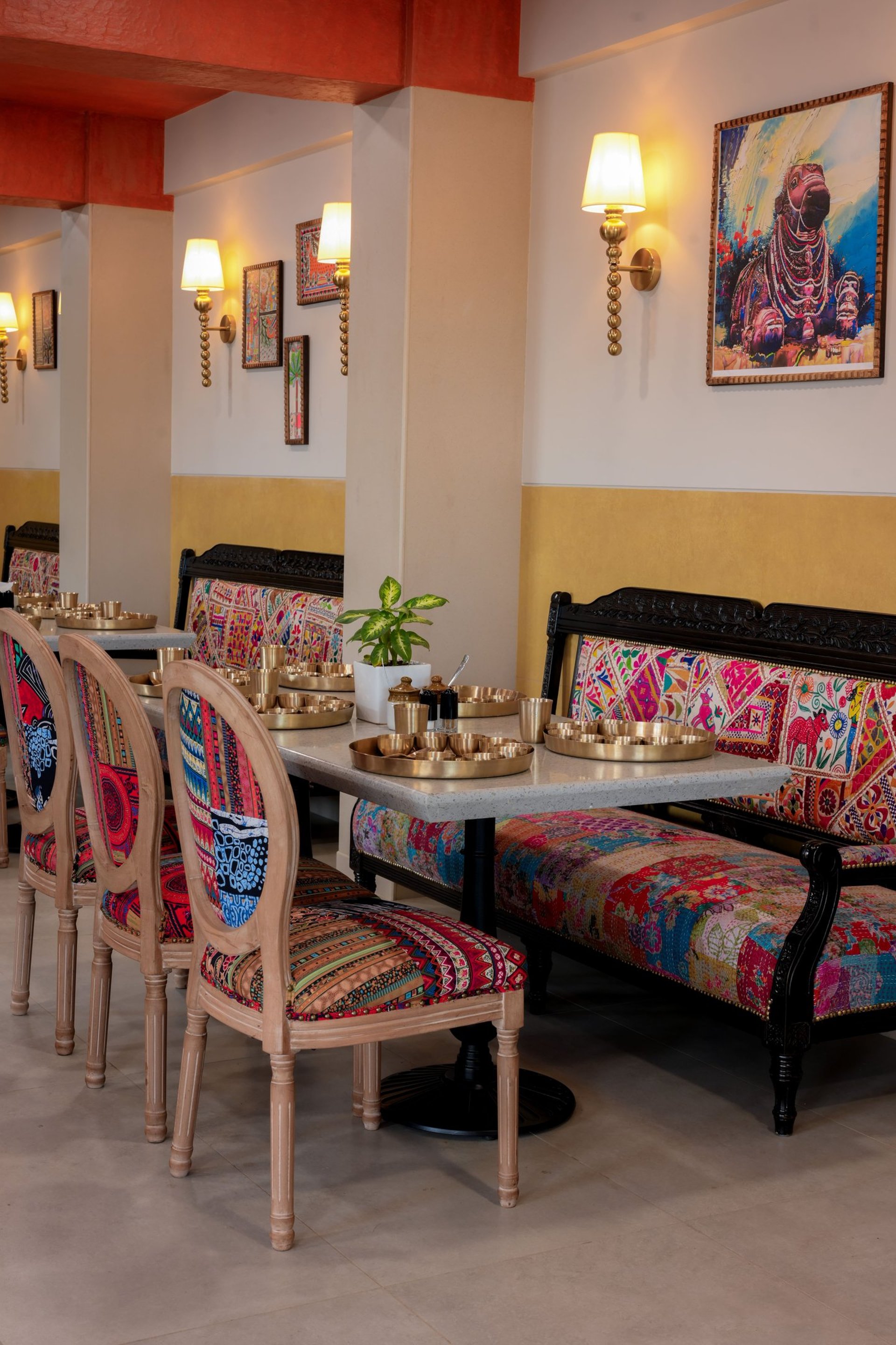 a restaurant with tables and chairs and a large window