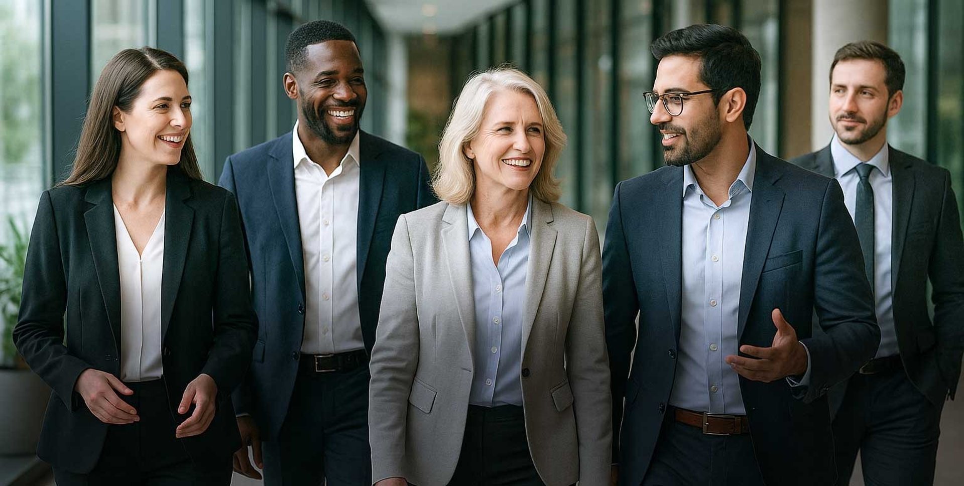 Diverse group of business professionals walking and having a conversation
