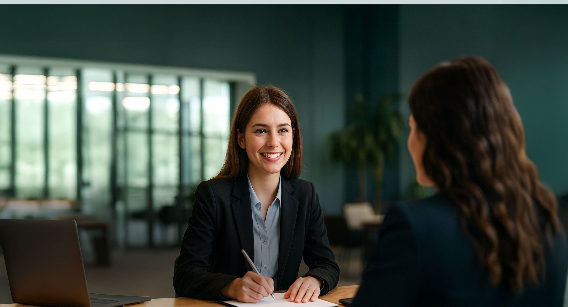 Professional businesswoman smiling during a meeting, taking notes at an office table with a laptop in the background.