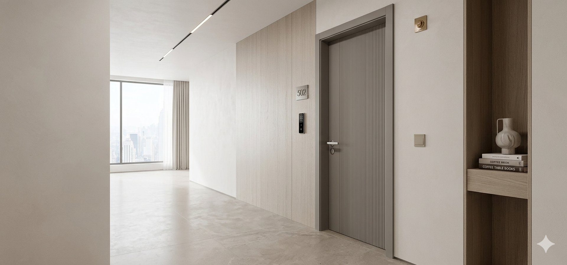 Modern paint-free interior door and matching wall panels for hotel and apartment projects