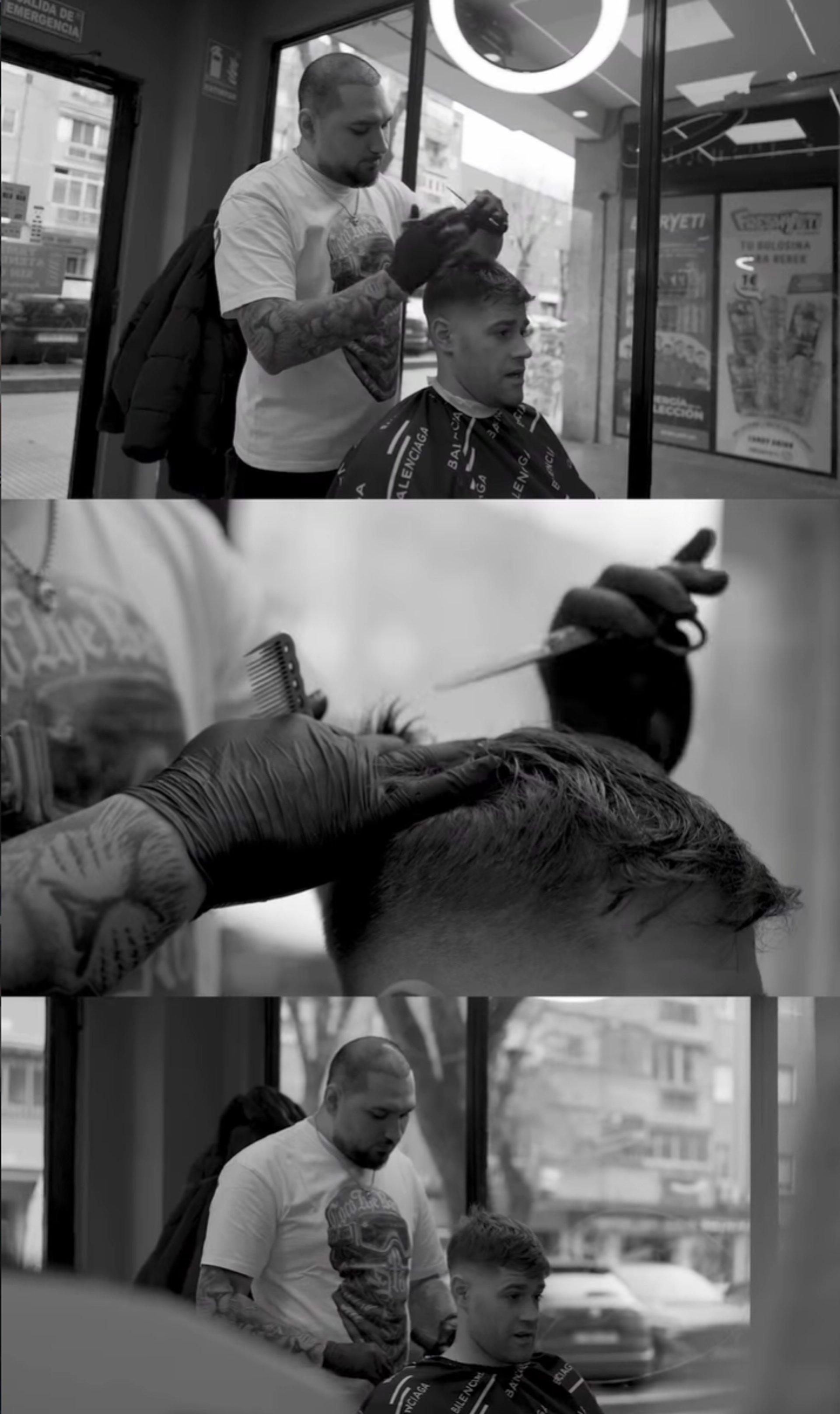 grayscale photography of person holding scissor clipping man's beard