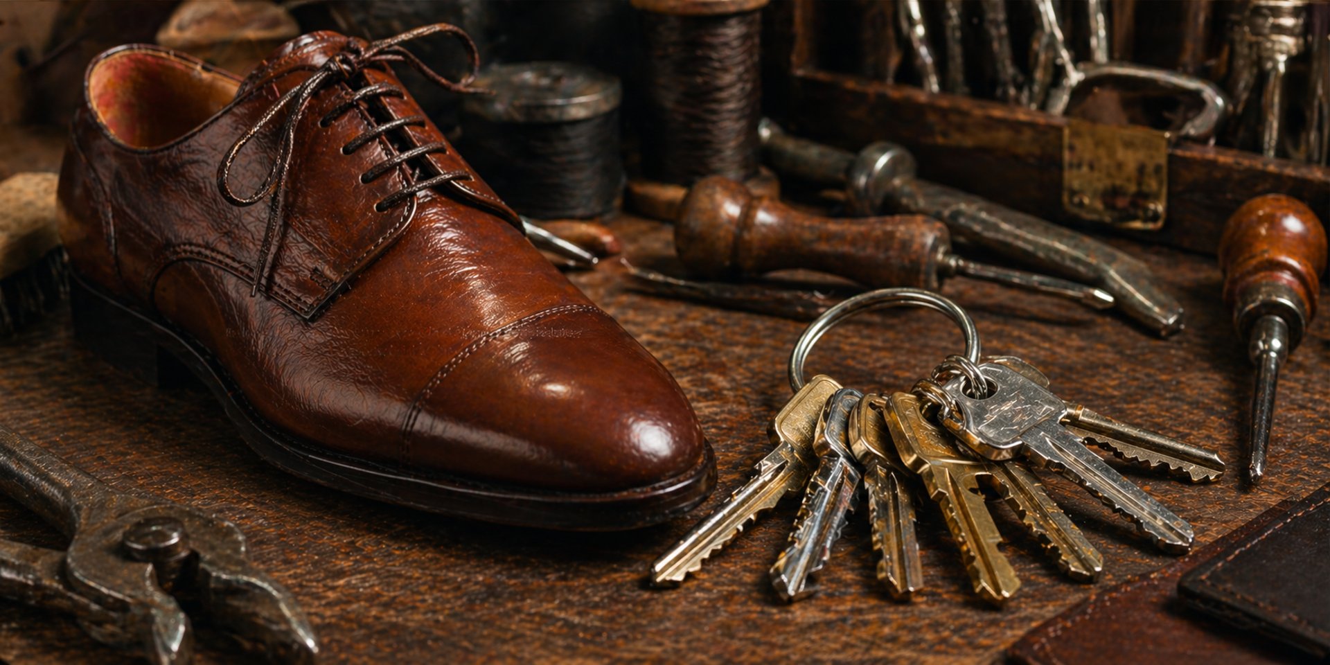 a golden key on a string on a wooden surface