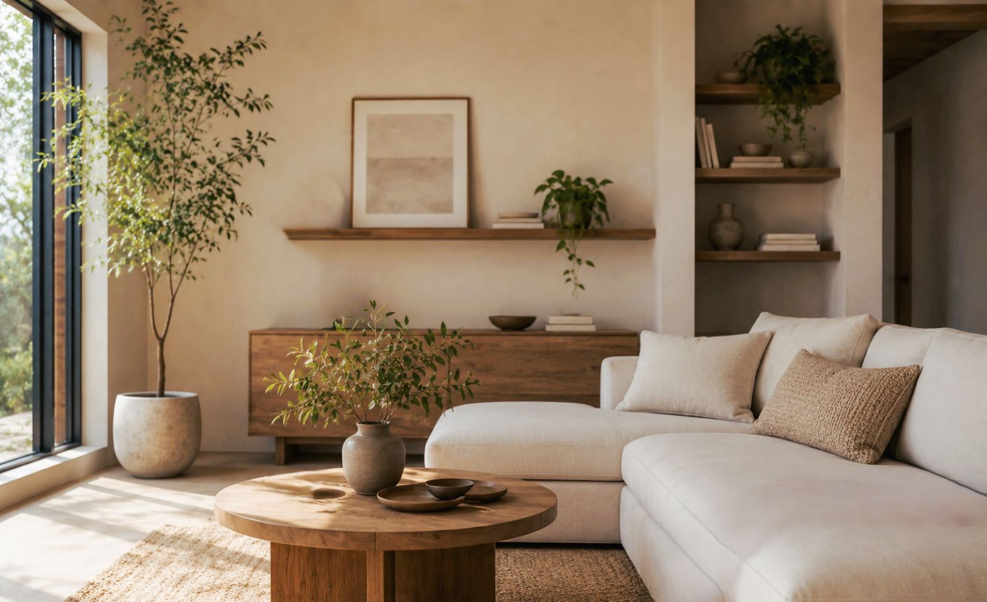 Minimal interior design ideas for a calm, intentional home- Japandi inspired styling with neutral tones and natural textures