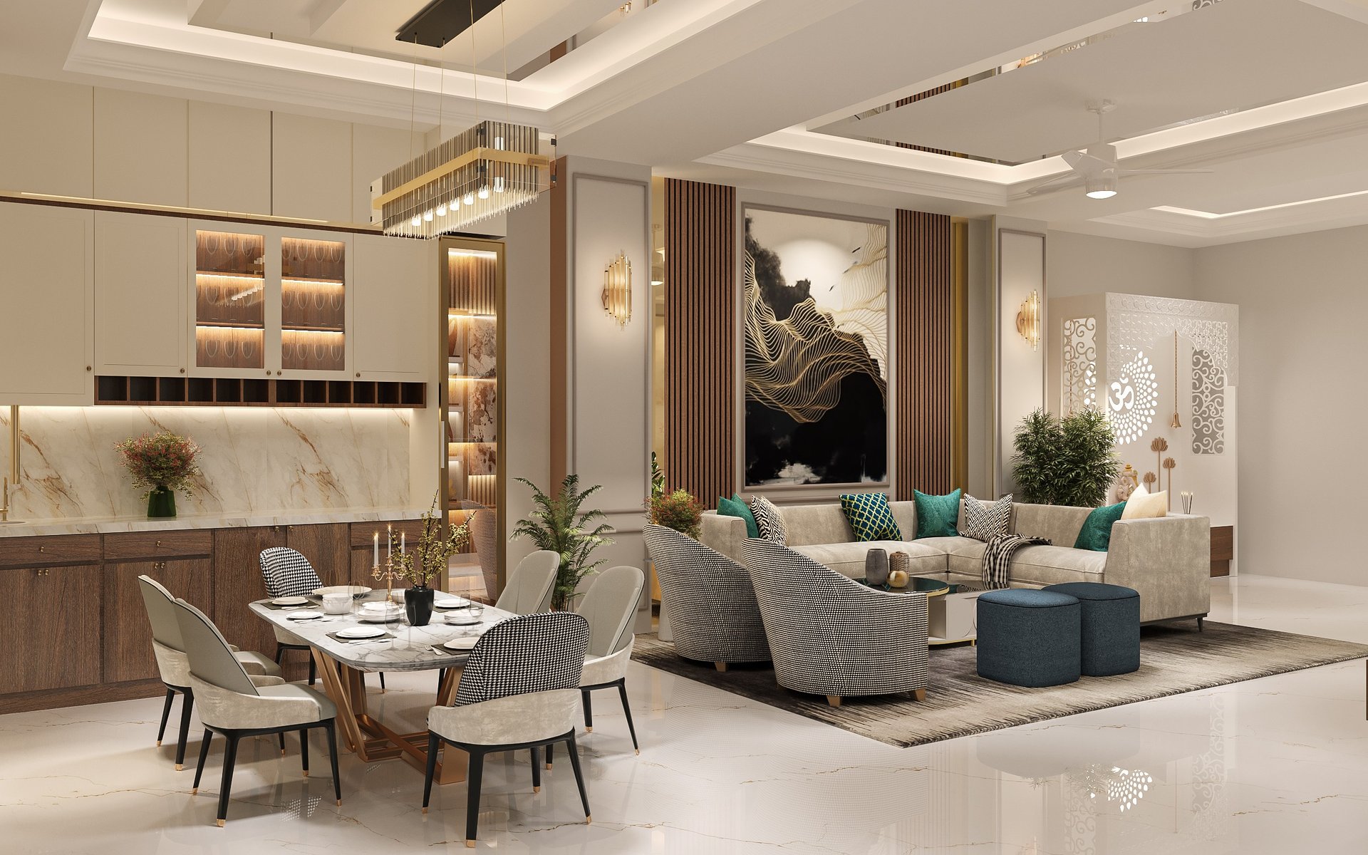 a room with a couch and a table