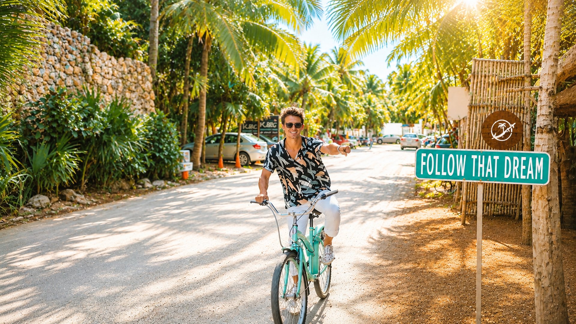 man rides bike pointing to follow that dream signage