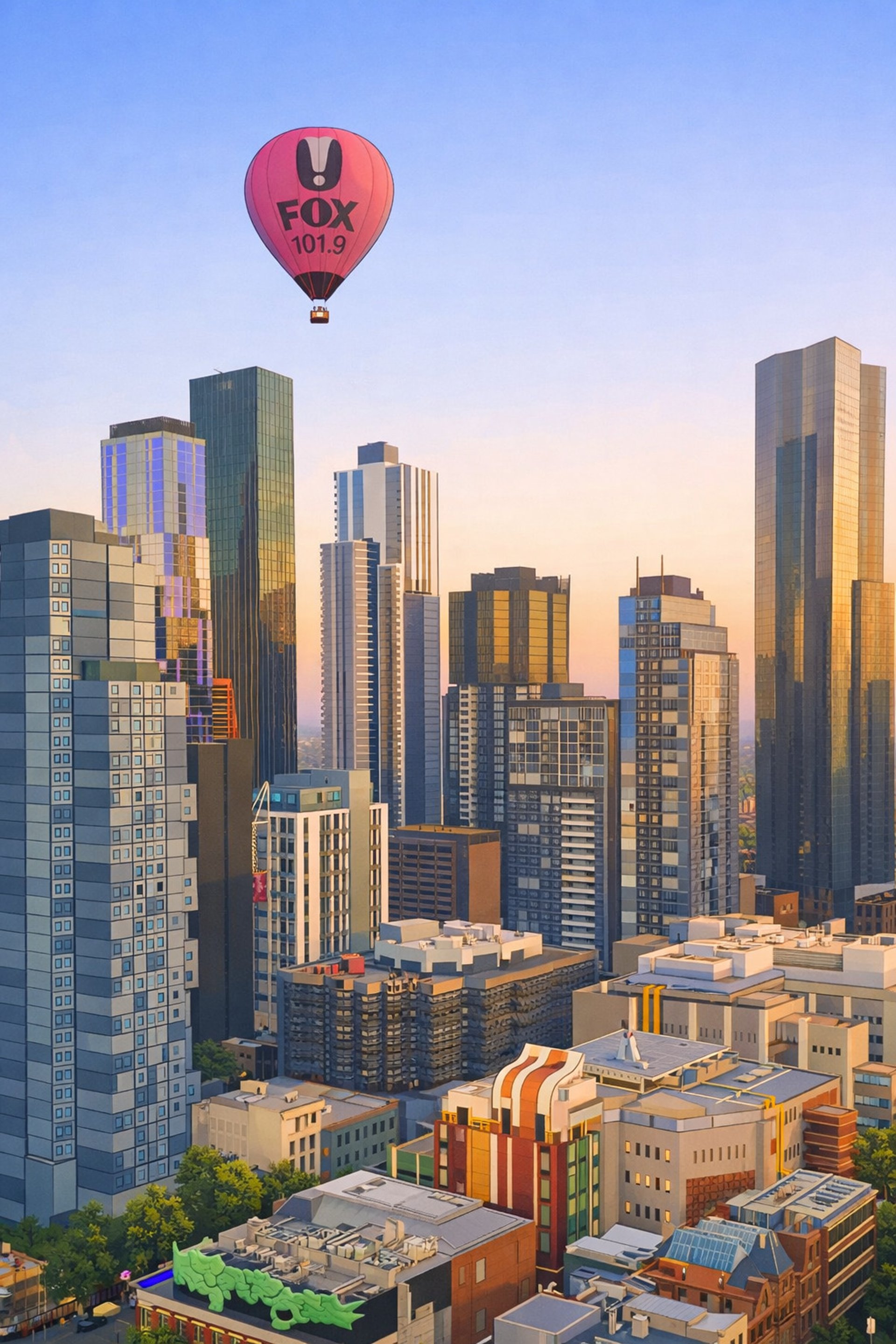 Foto de globo aerostático volando sobre el skyline en Melbourne