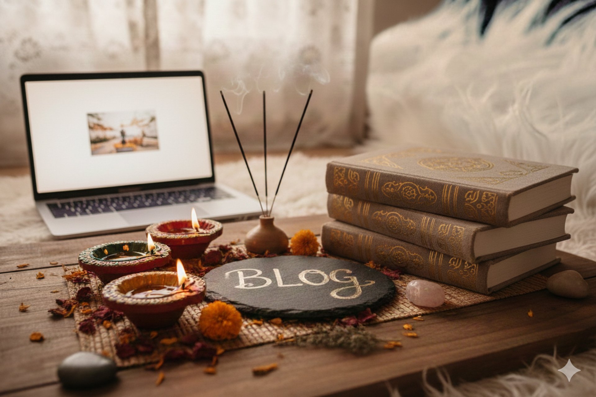 a table topped with books and candles next to a cup of coffee