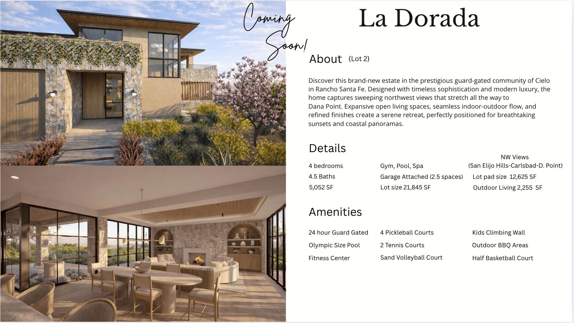 4 bedroom, 5 bath custom luxury home in Cielo Rancho Santa Fe's The Collection of Seven. 