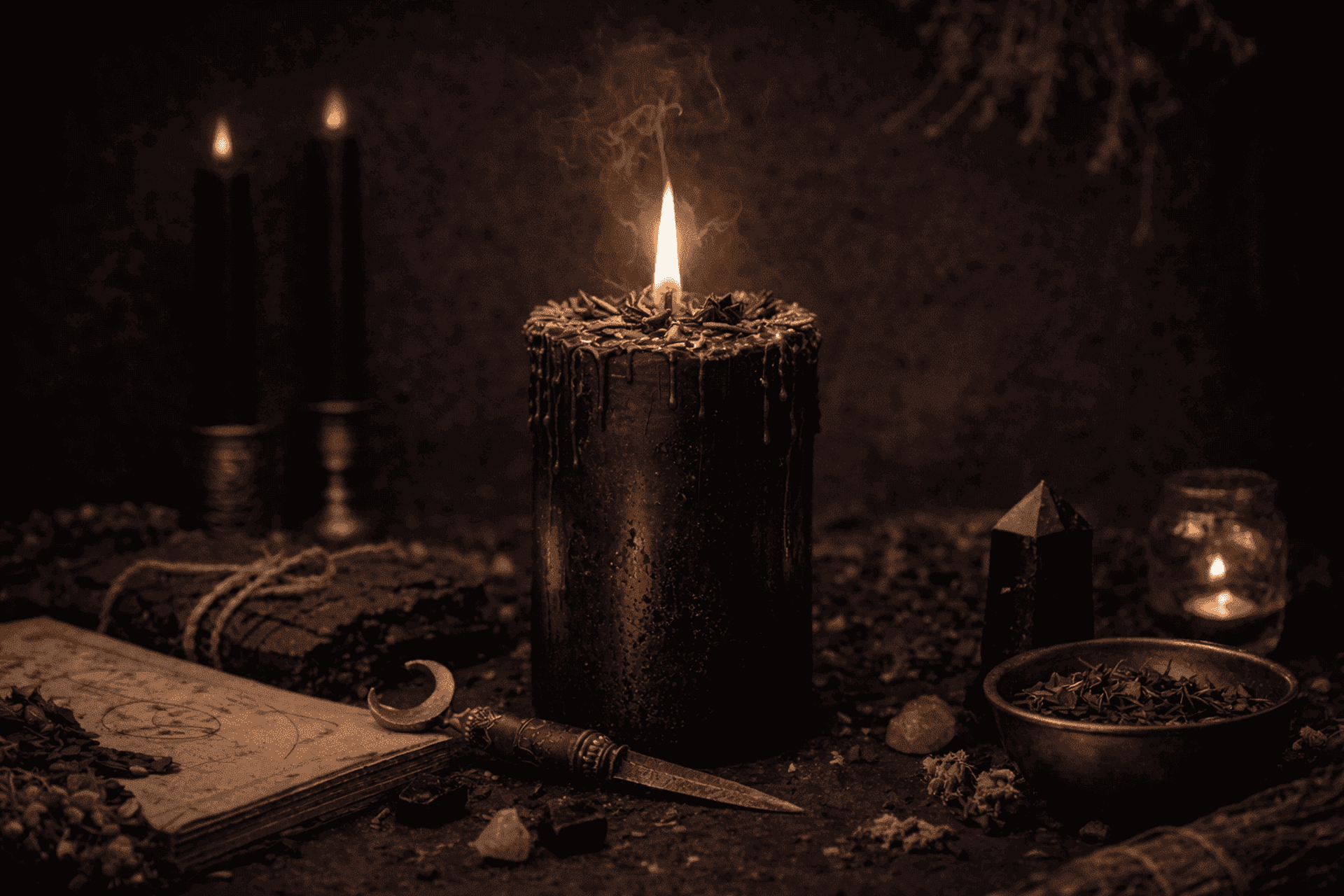 Vela cilindrica negra encendida rodeada de objetos para hacer una ofrenda o ritual