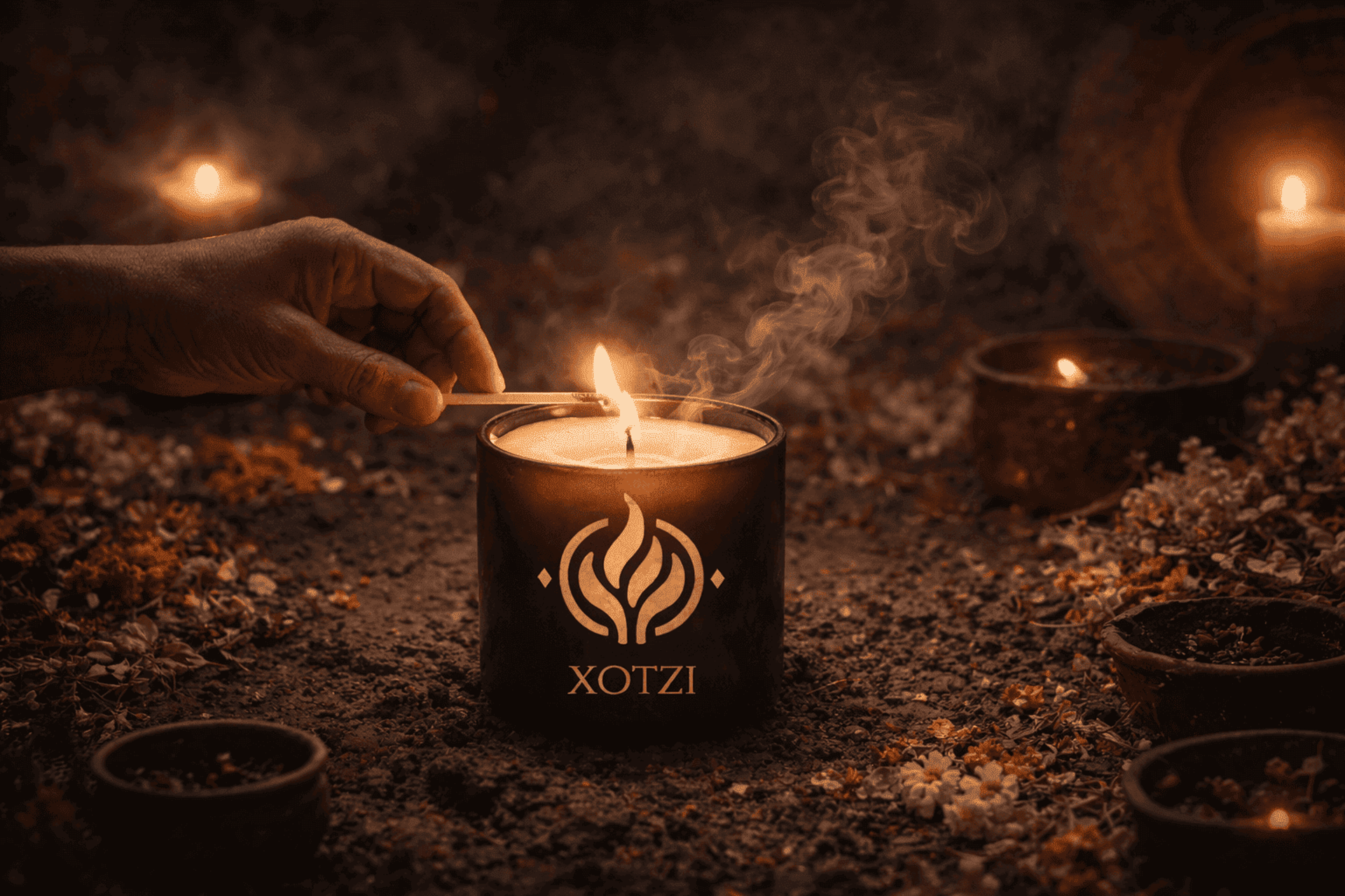 vela de vaso con el logo xotzi siendo prendida con un cerillo