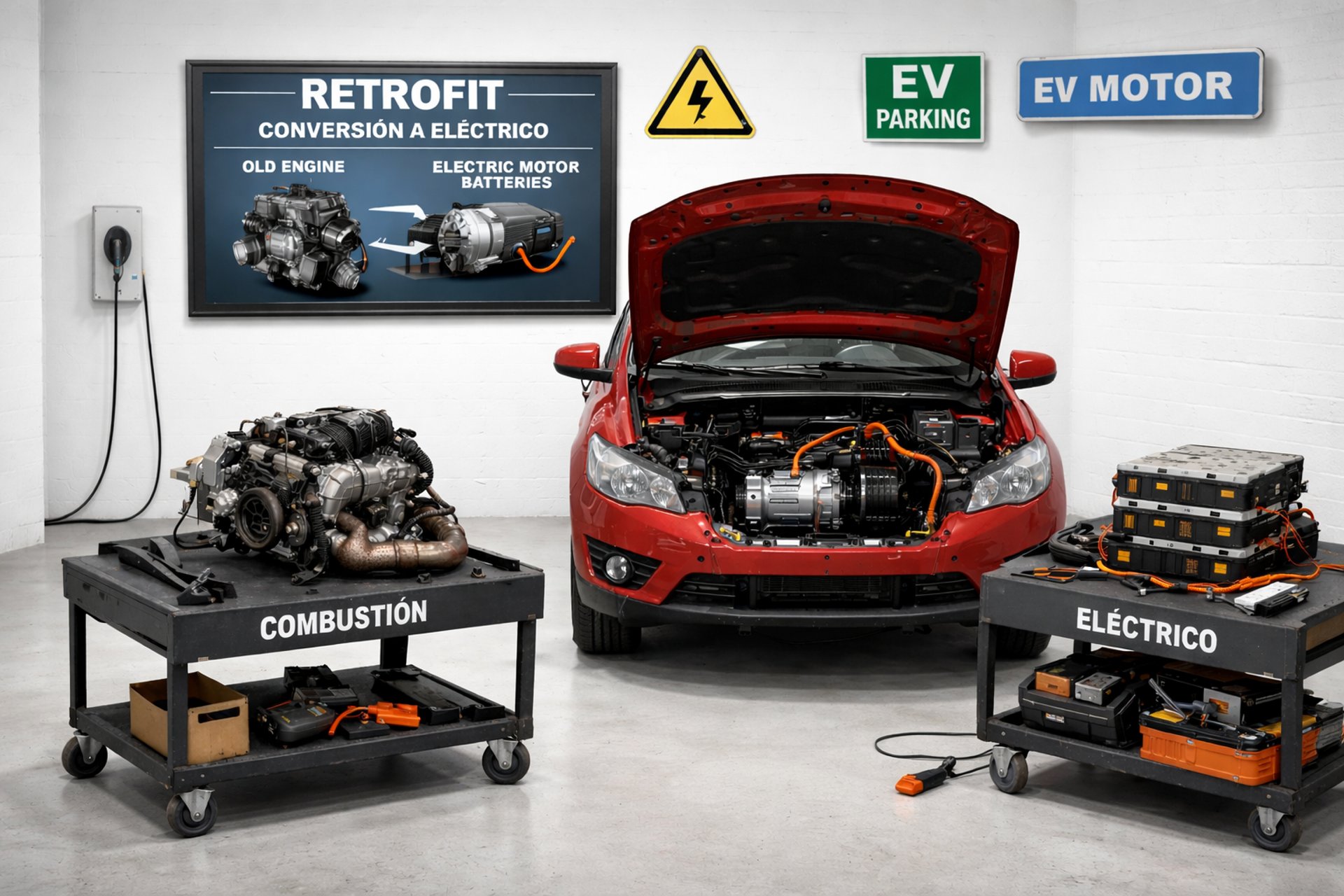 a black car is parked in a garage