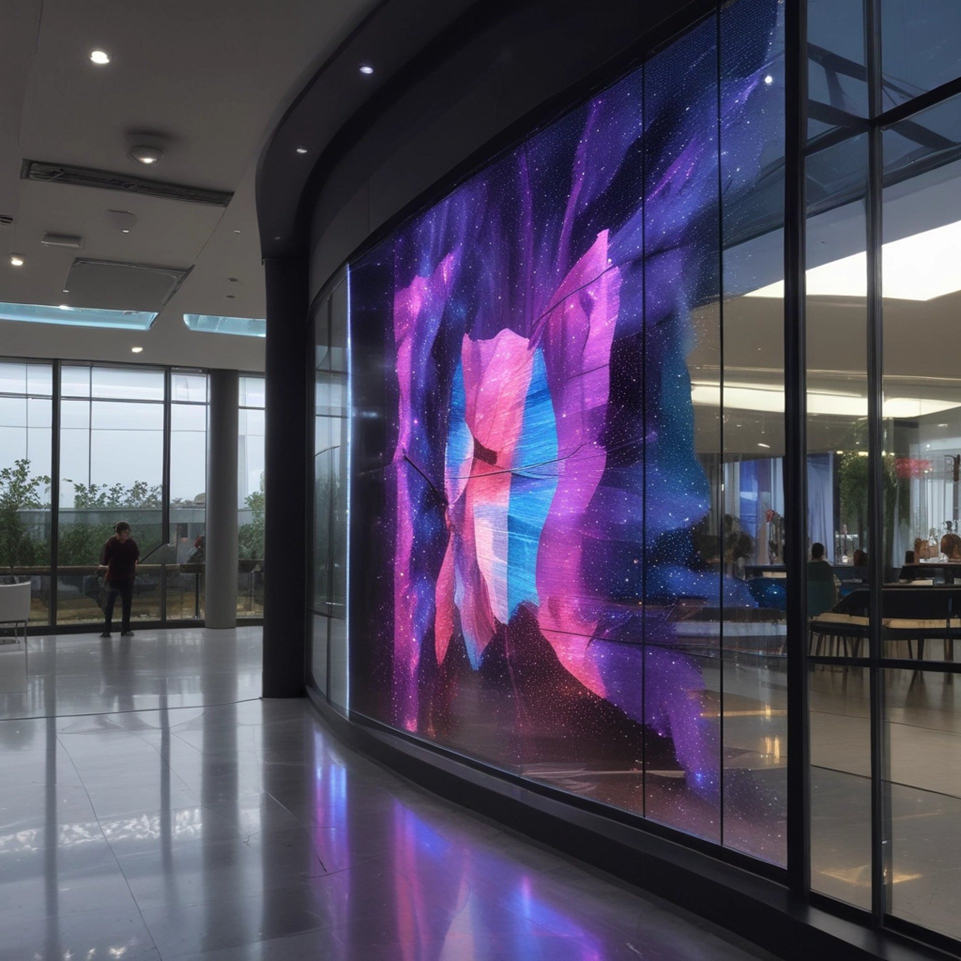 an abstract photo of a curved building with a blue sky in the background