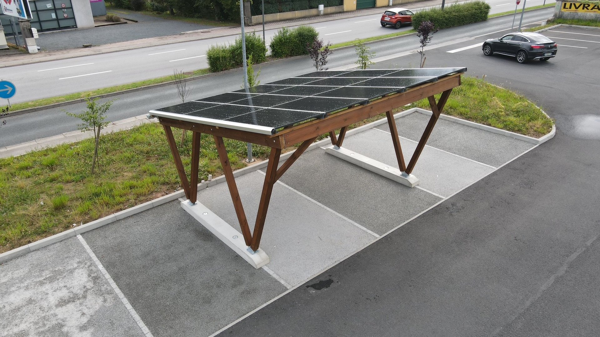 an abstract photo of a curved building with a blue sky in the background