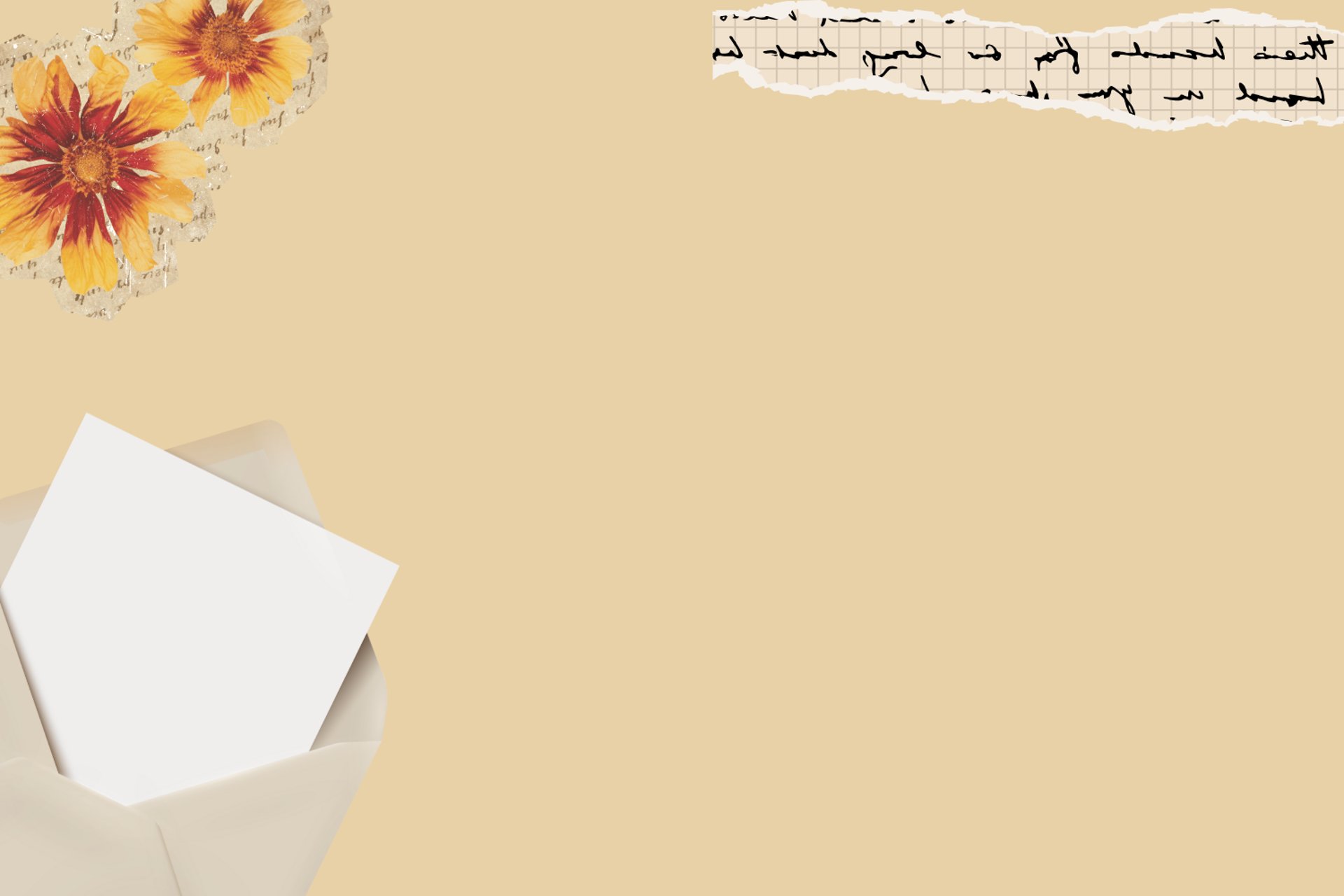 Fondo de página web estilo scrapbooking con flores secas, retazos de papel y un sobre de carta.