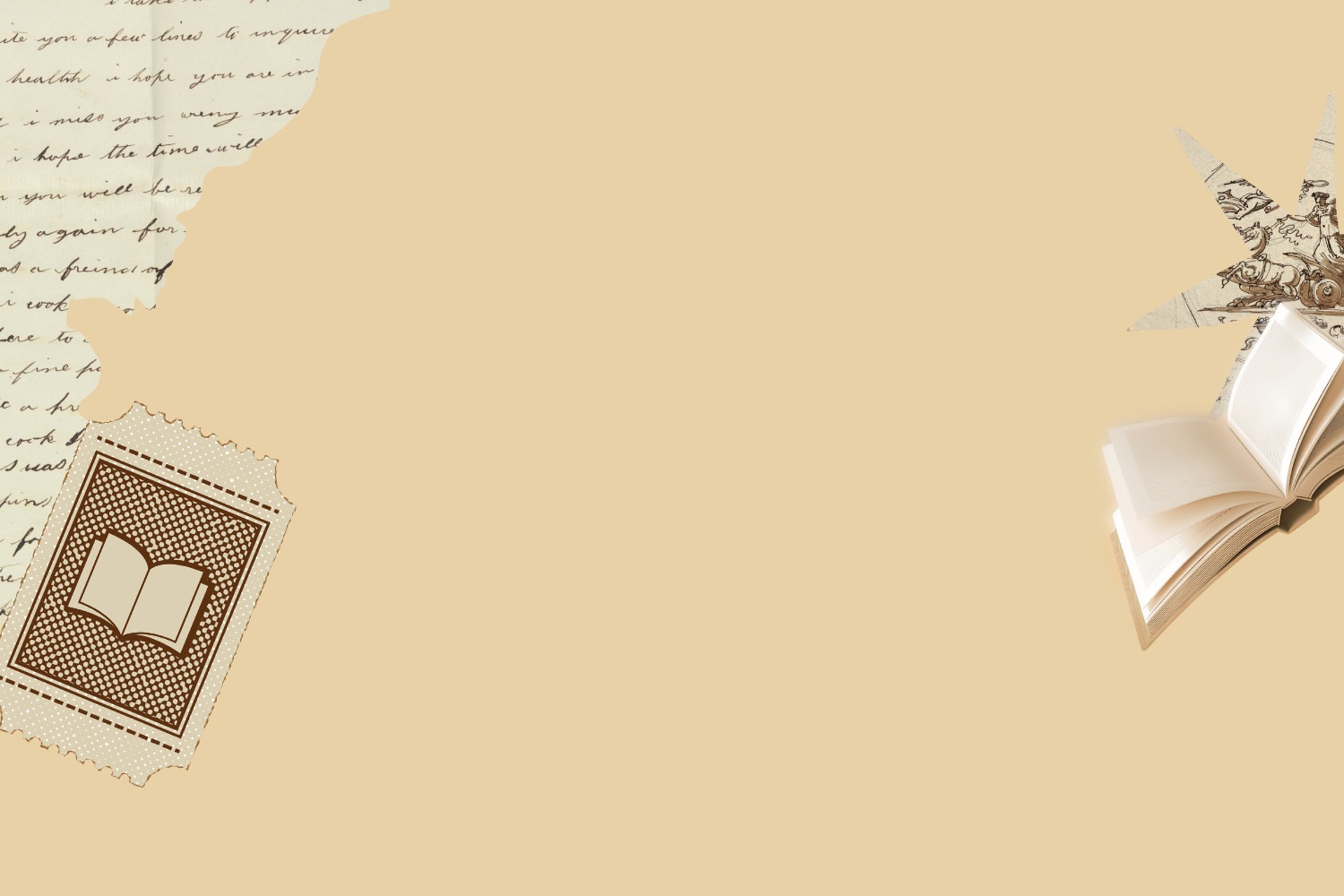 Fondo de sitio web tipo scrappbooking con trozos de papel, libro realista y ticket de biblioteca.