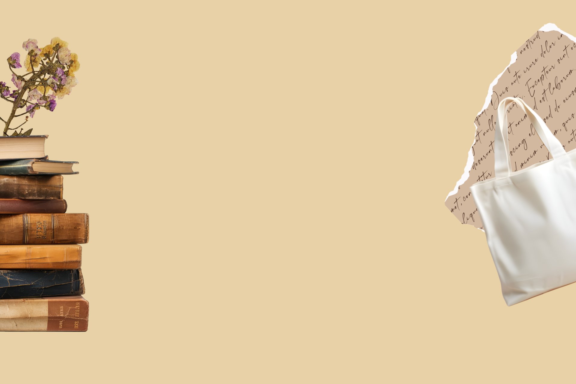 Fondo de página web estilo scrapbooking con una pila de libros, flores secas, retazo de papel y tote bag. 