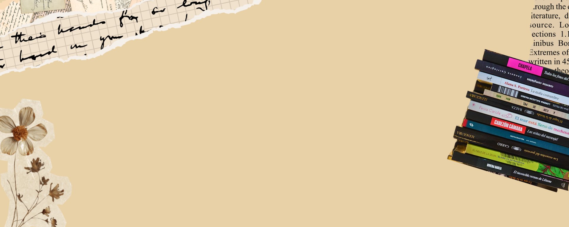 Fondo de página web estilo scrapbooking con una pila de libros, flores secas y retazos de papel.