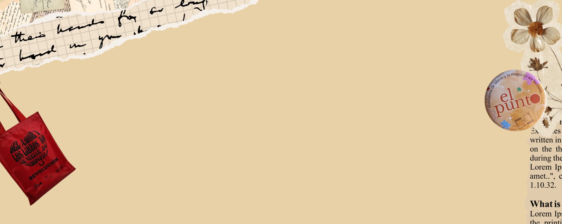 Imagen de fondo de web estilo scrapbooking con retazos de papel, flores secas, pin del punto y tote bag. 