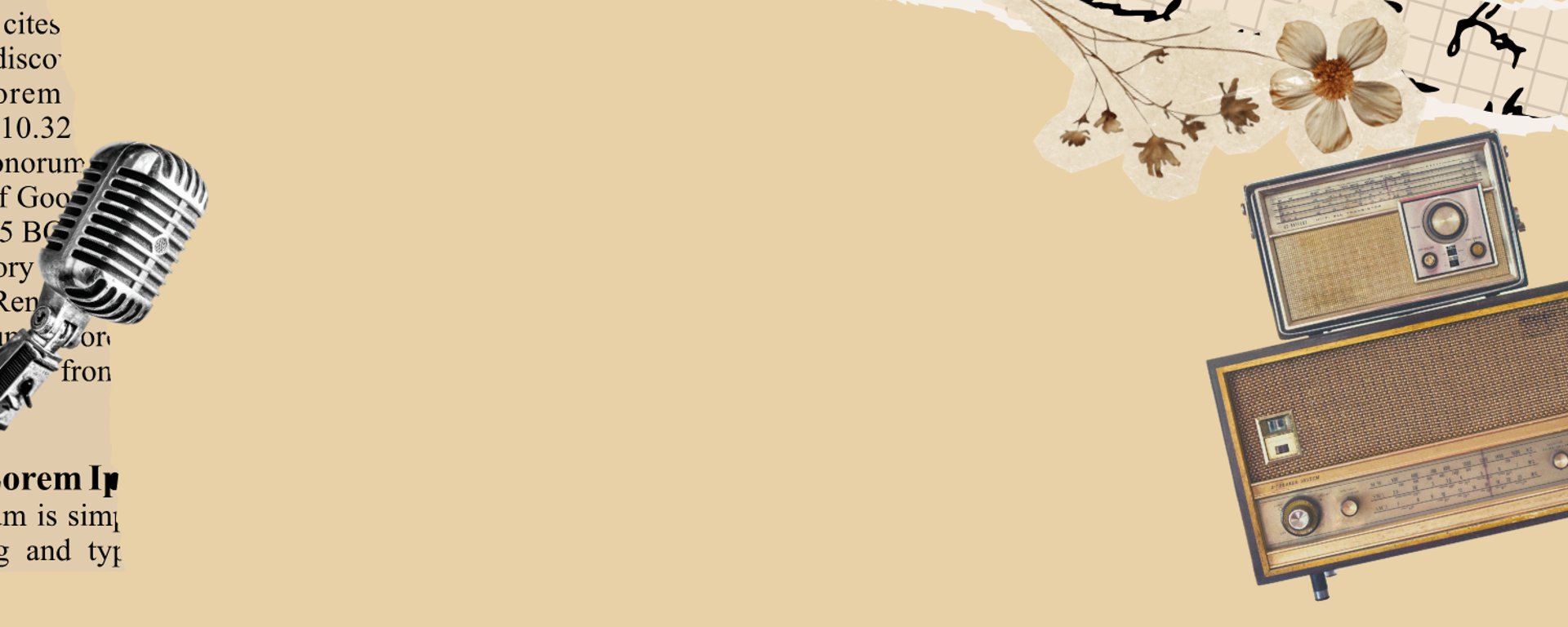 Imagen de fondo de web estilo scrapbooking con retazos de papel, flores secas, pin del punto y tote bag. 