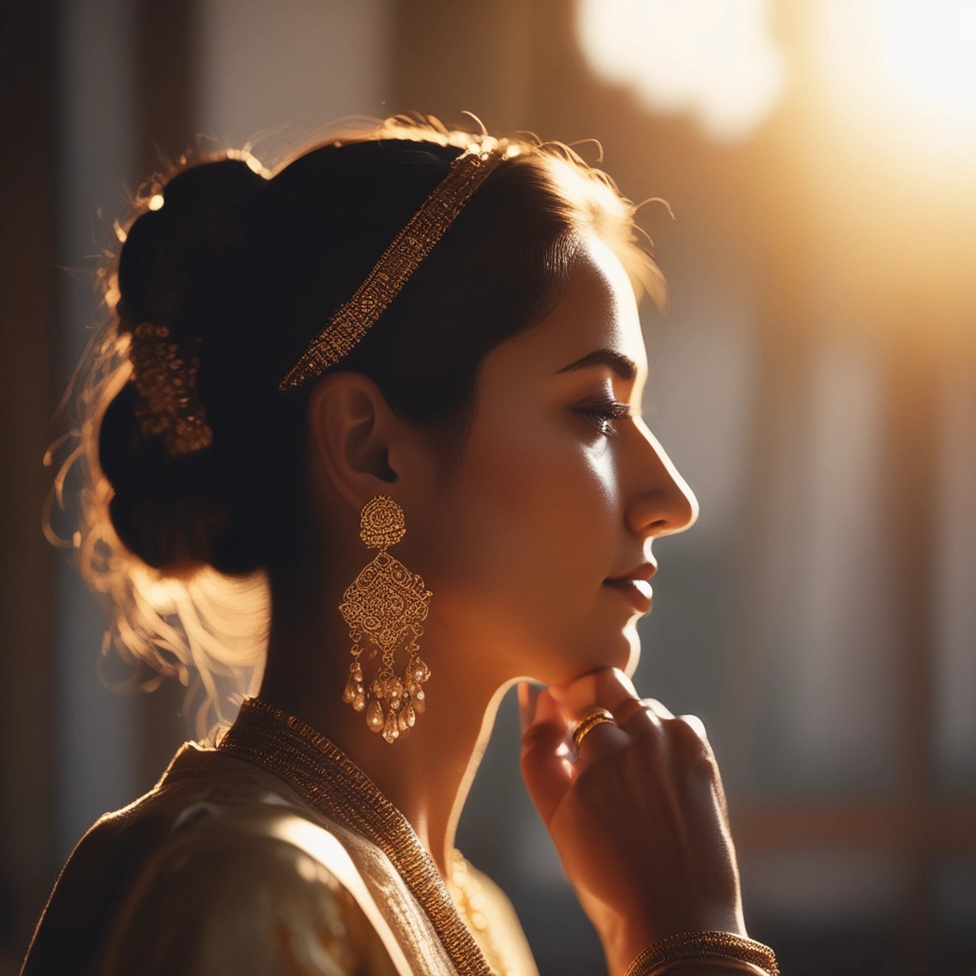 woman looking sideways leaning on white wall