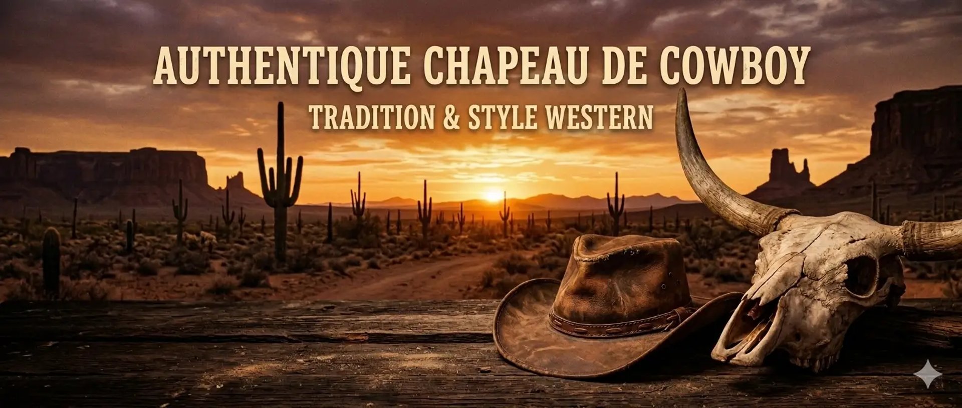 Chapeau de cowboy en cuir vintage reposant sur une table en bois vieilli avec un crâne de taureau. 