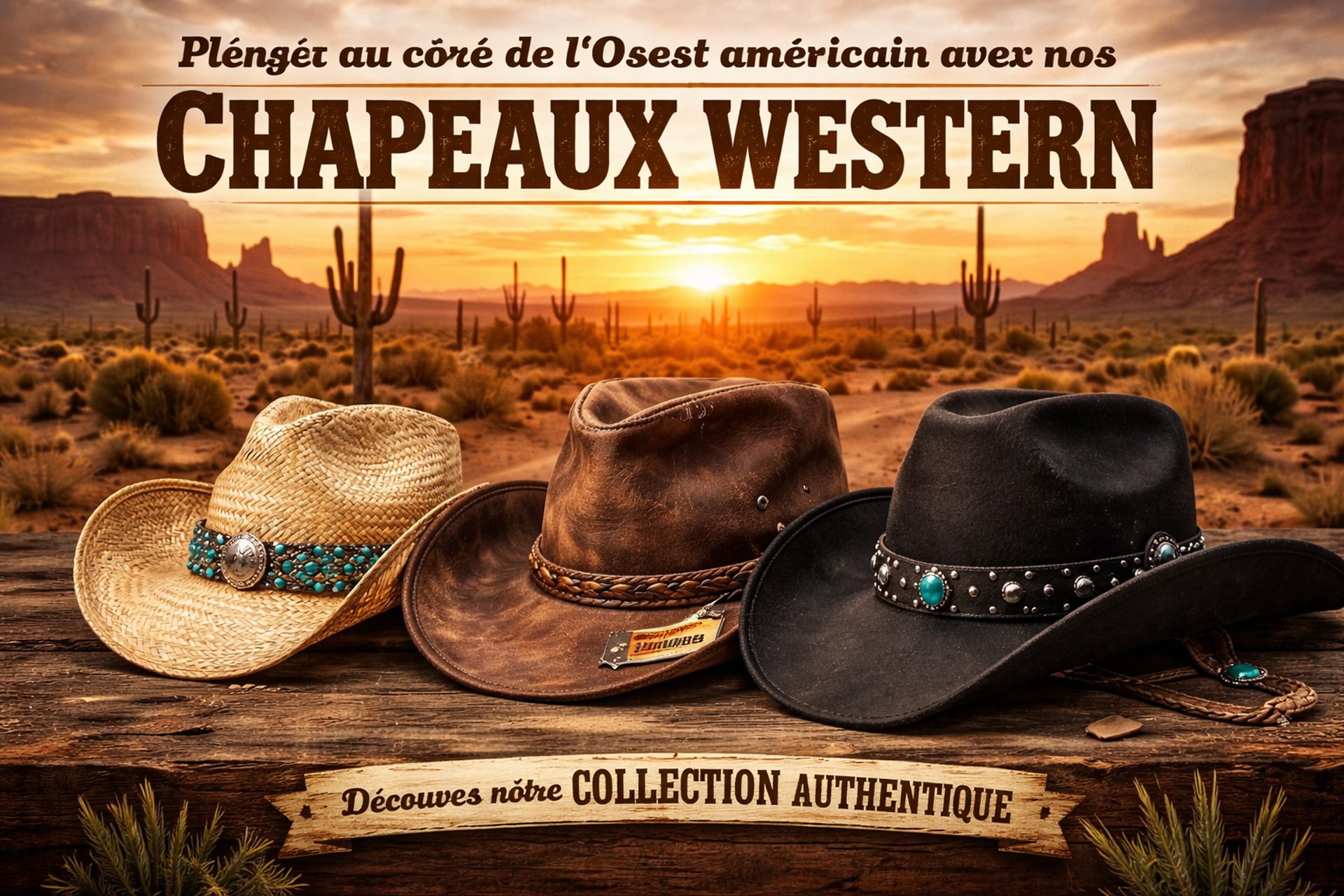 Trois chapeaux de cow-boy (paille, cuir, feutre), lasso et bottes sur une table devant Monument Valley.