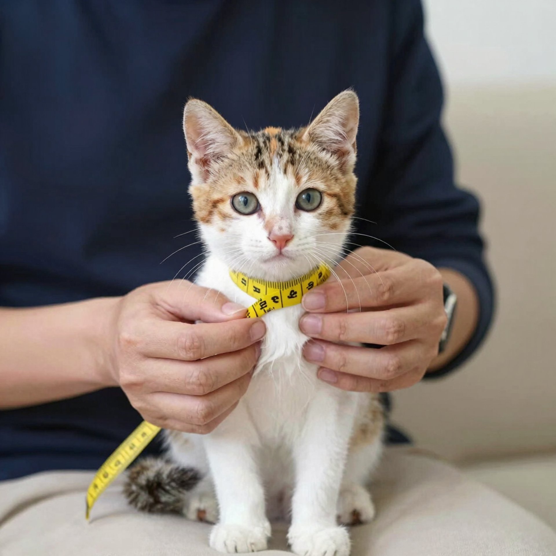 gatito calicó al que le estan tomando medidas con una cinta amarilla