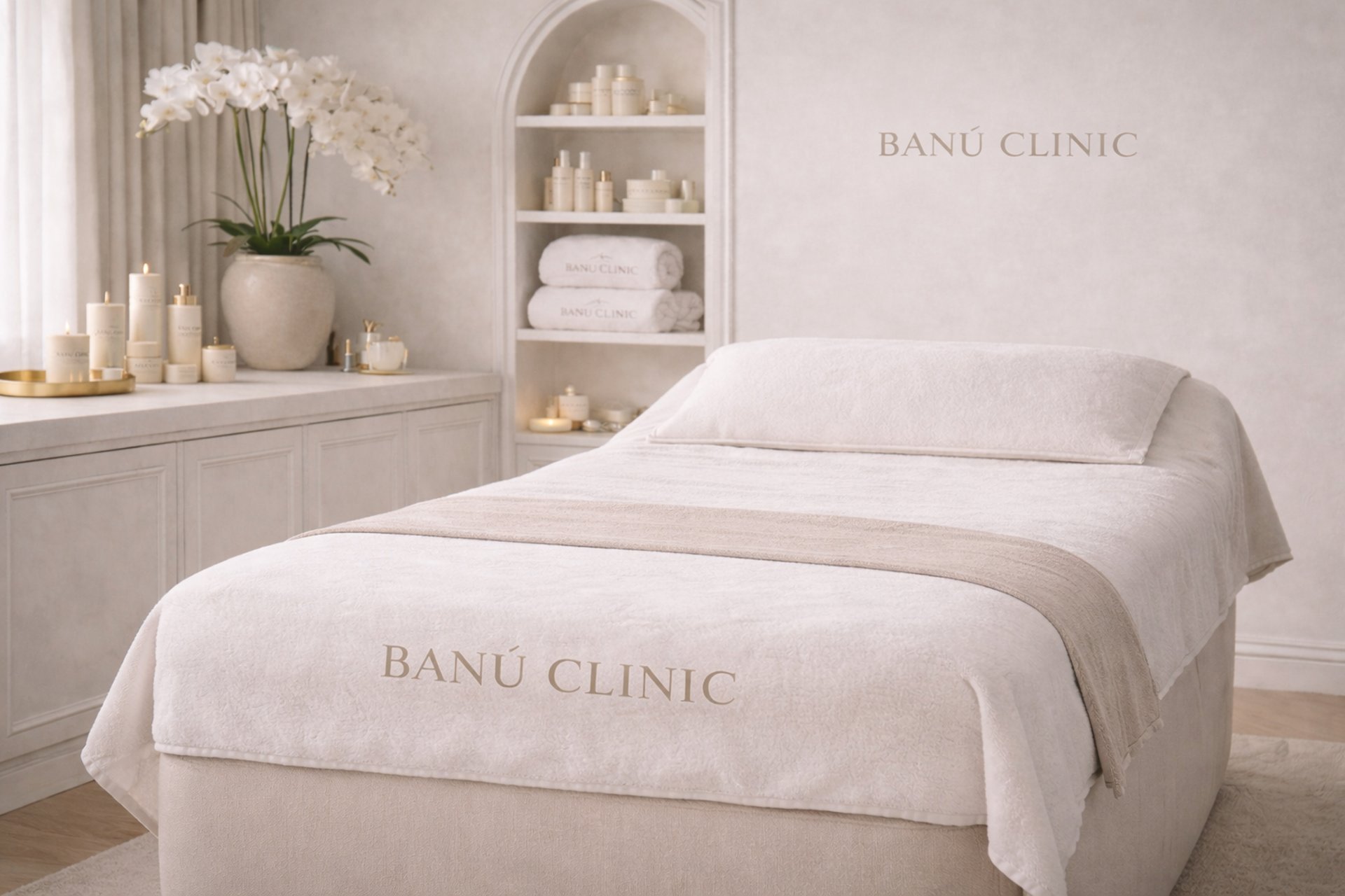 a white counter in a room with a chandelier