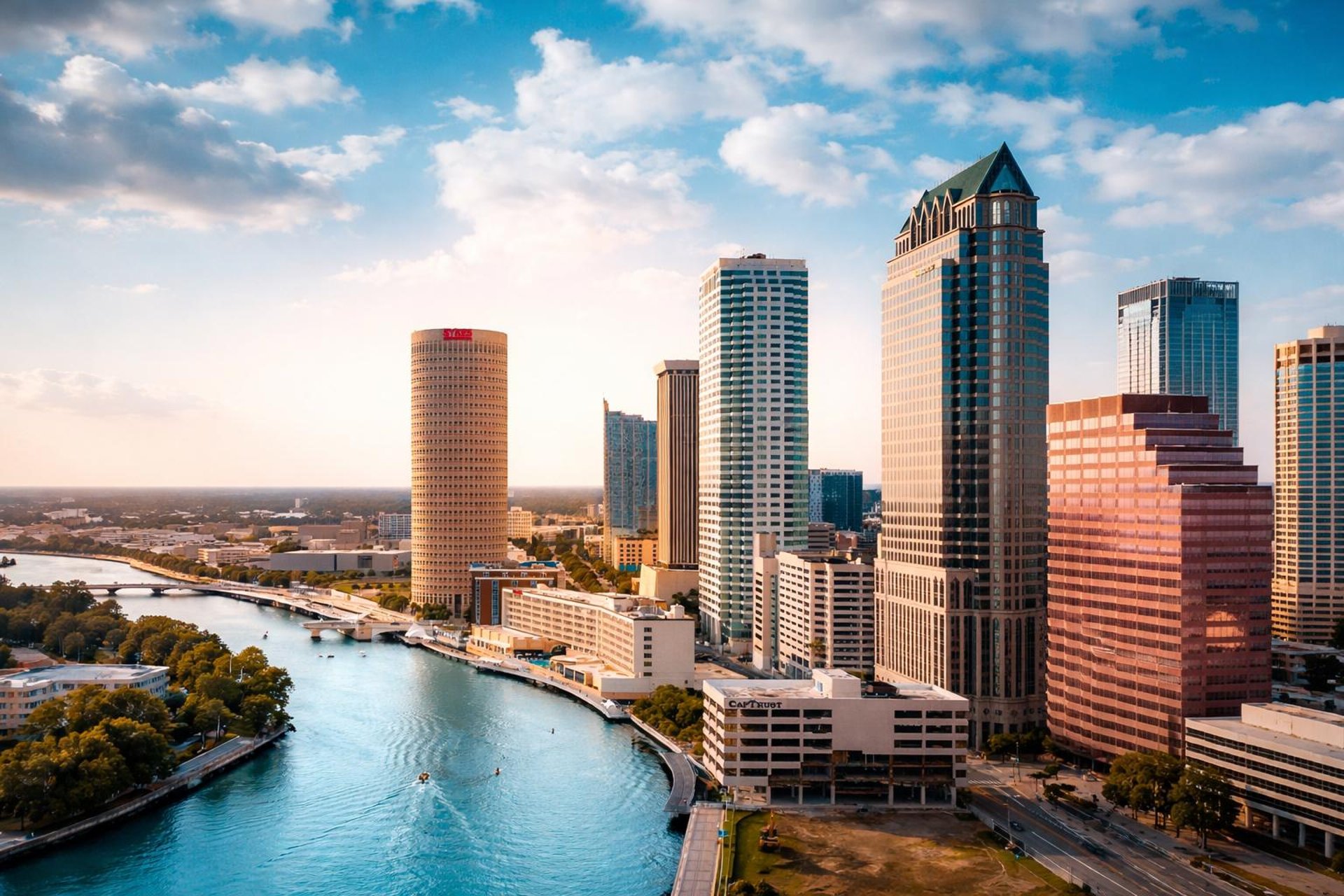 a man in a boat on a river in front of a city