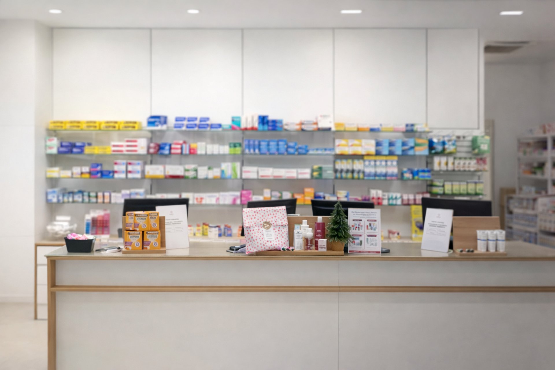 A minimalist shop with shelves and products.