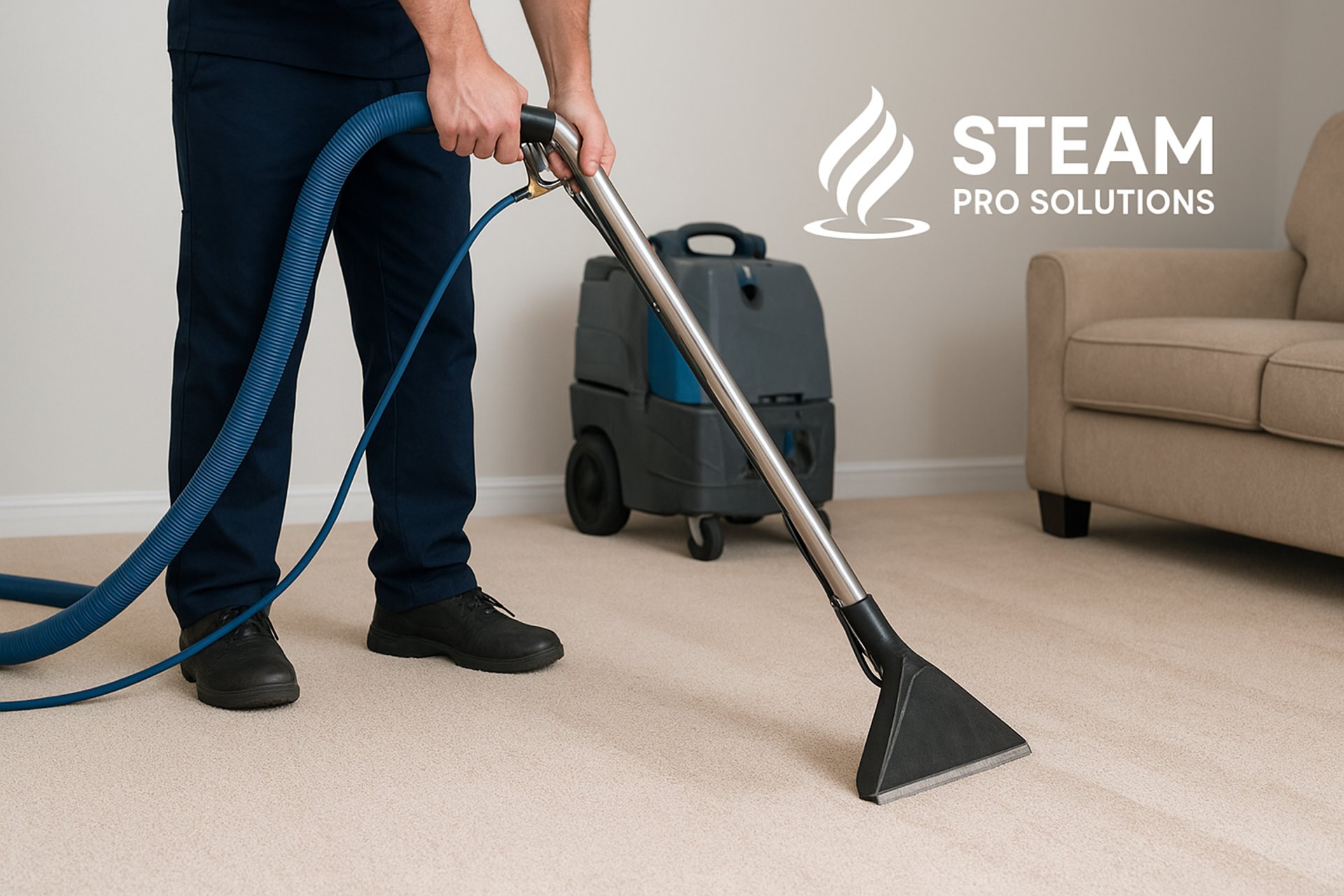 a woman in a green shirt and black gloves vacuuming a gray ottoman