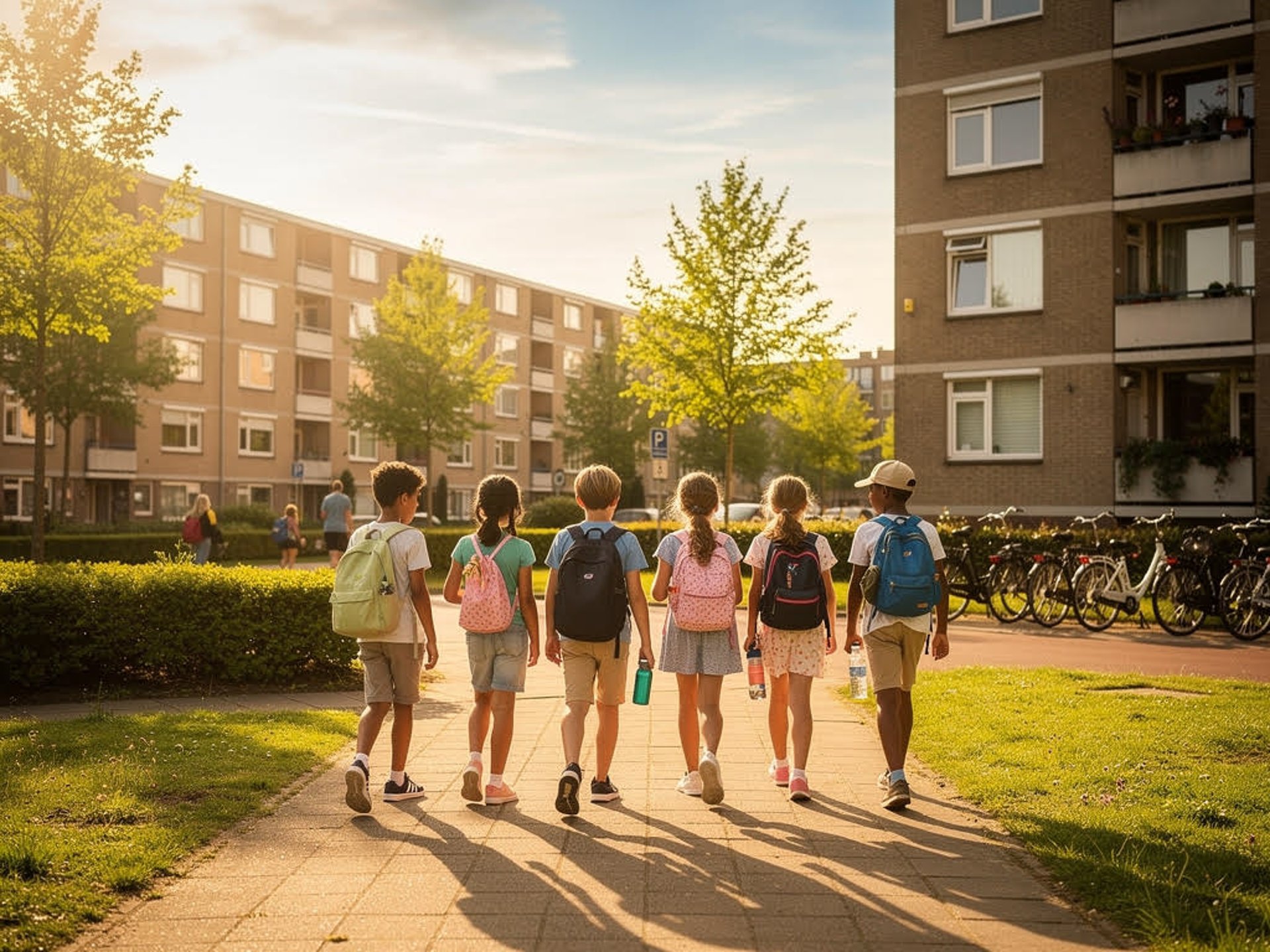 a man and two children walking down a street