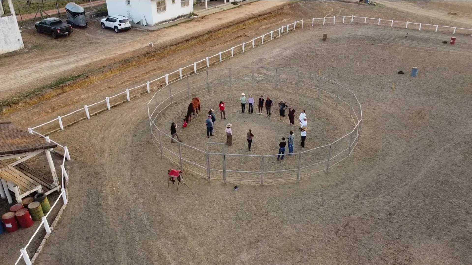 a brown horse standing in the dark with a saddle