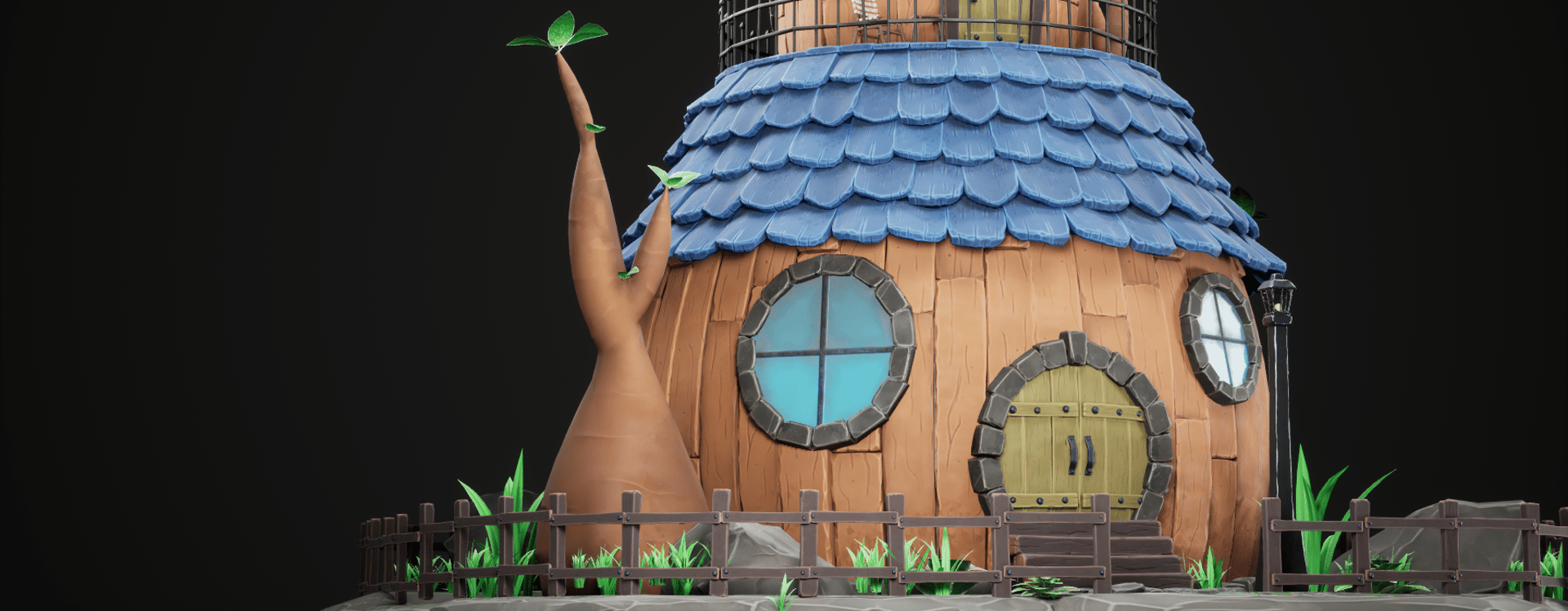A diorama of a stylized house 3D modeled in maya and sculpted in ZBrush.
