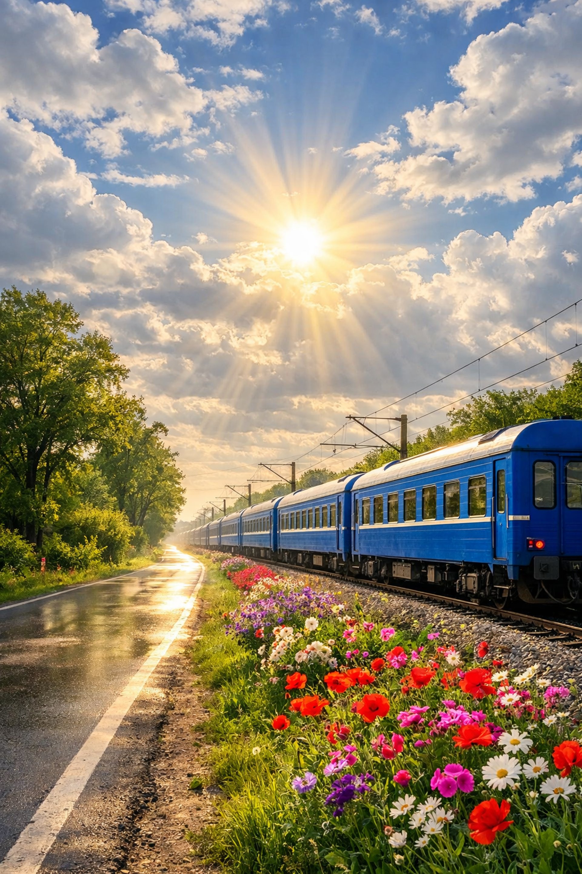 A dimly lit subway station platform with train tracks.