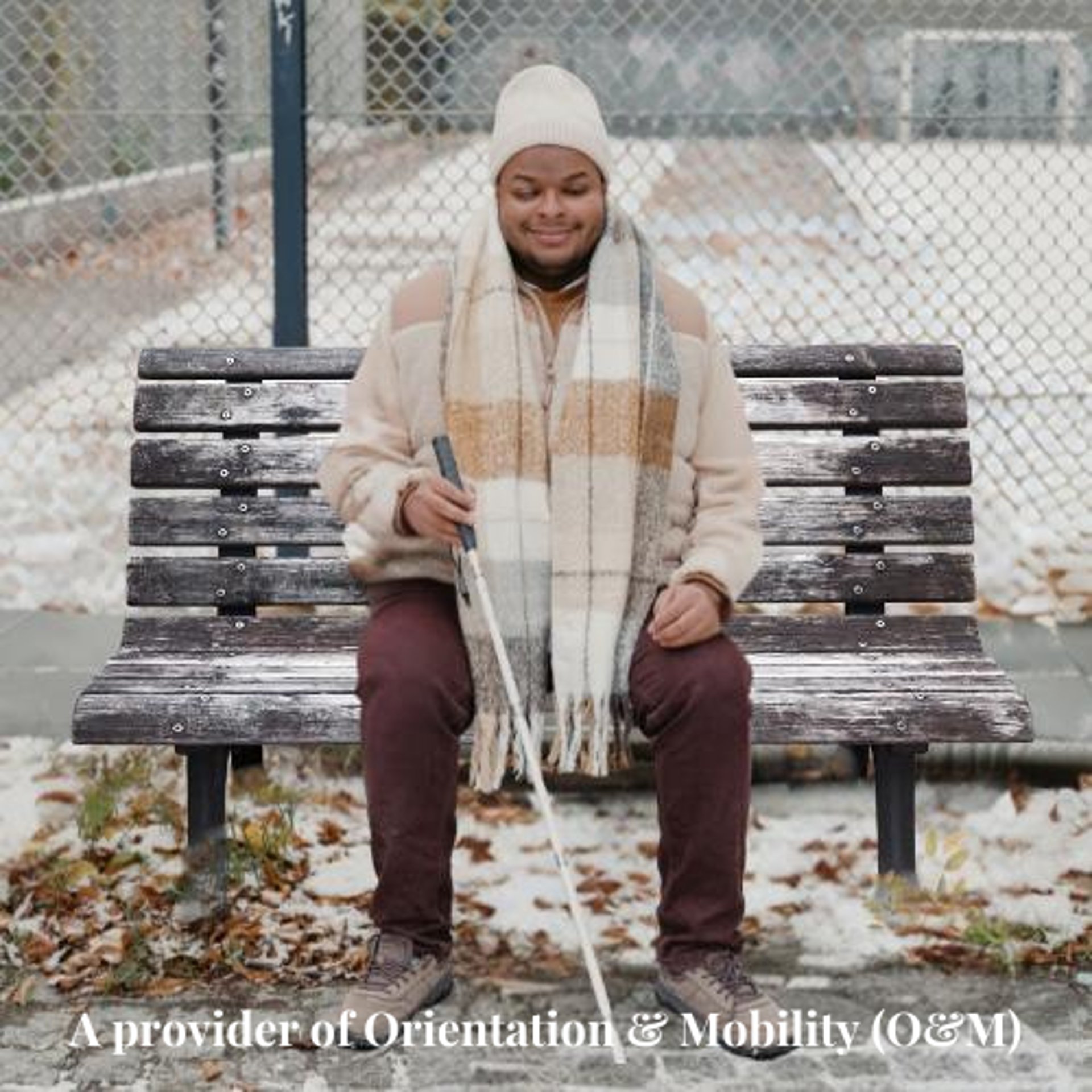 blind man with cane waiting on the bus  subway rail train