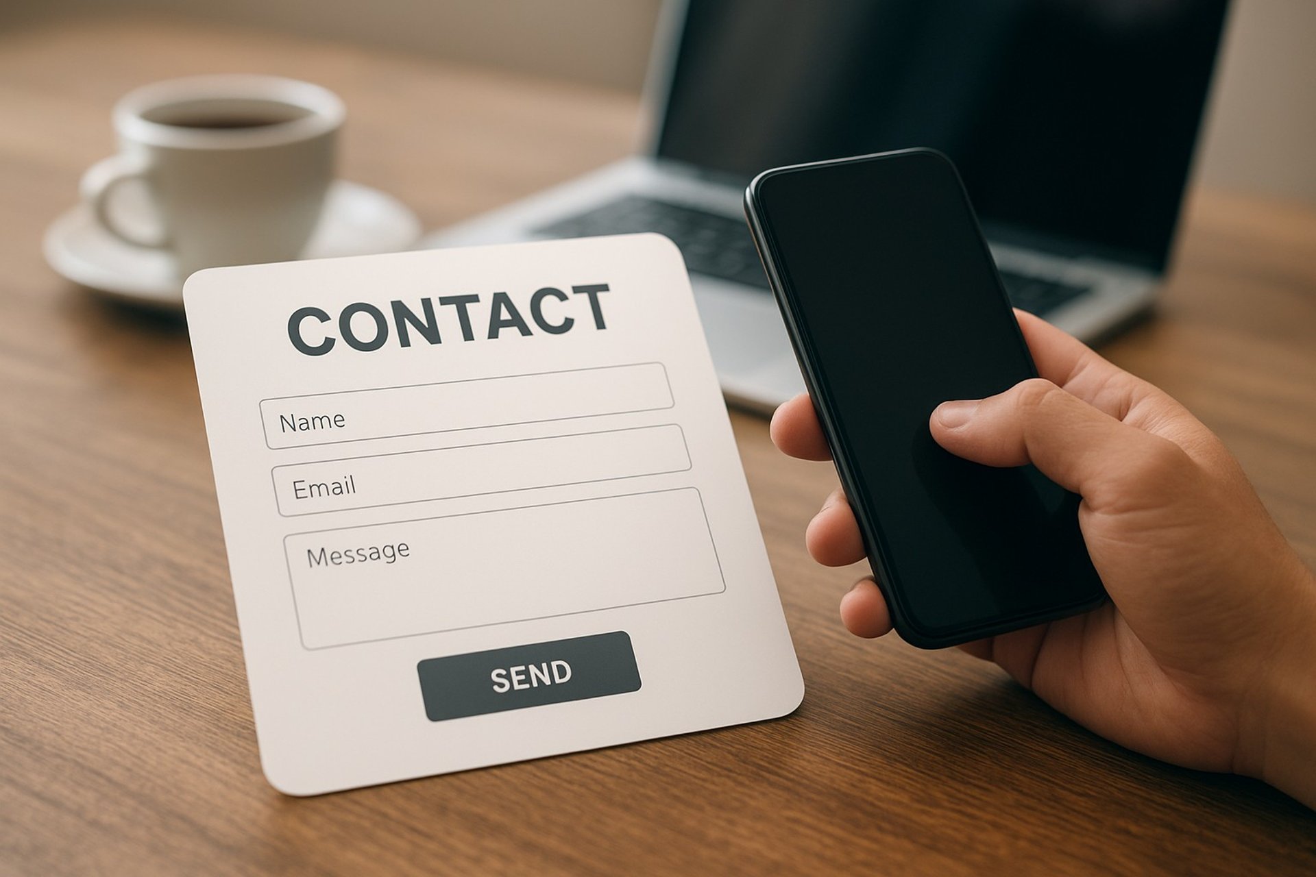 Clean desk, mobile phone and contact form interface, highlighting how easy it is to send a message