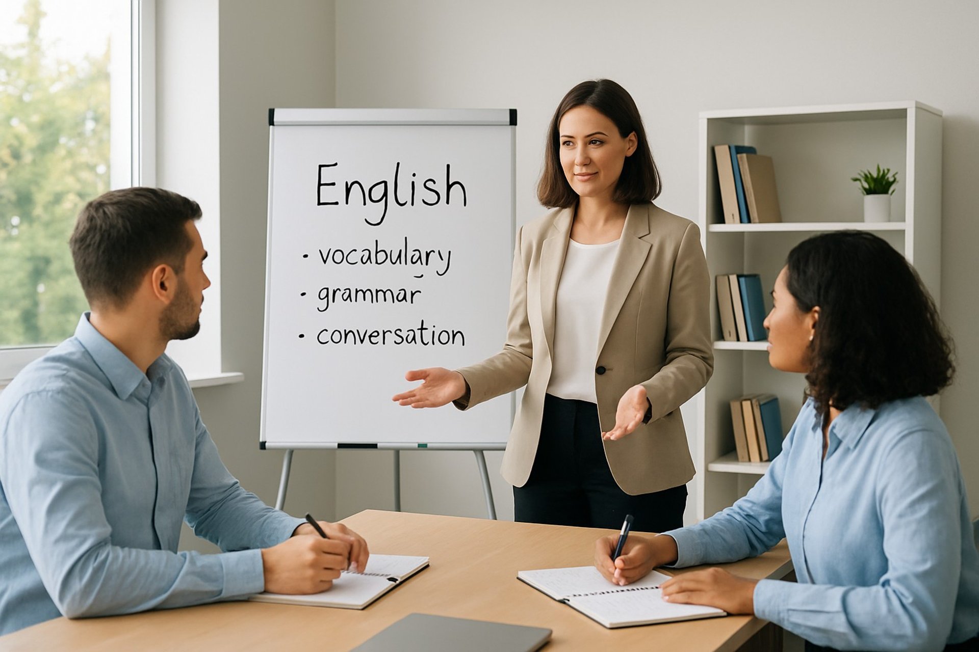 English teacher working with two students in class, used as a background link to the next section