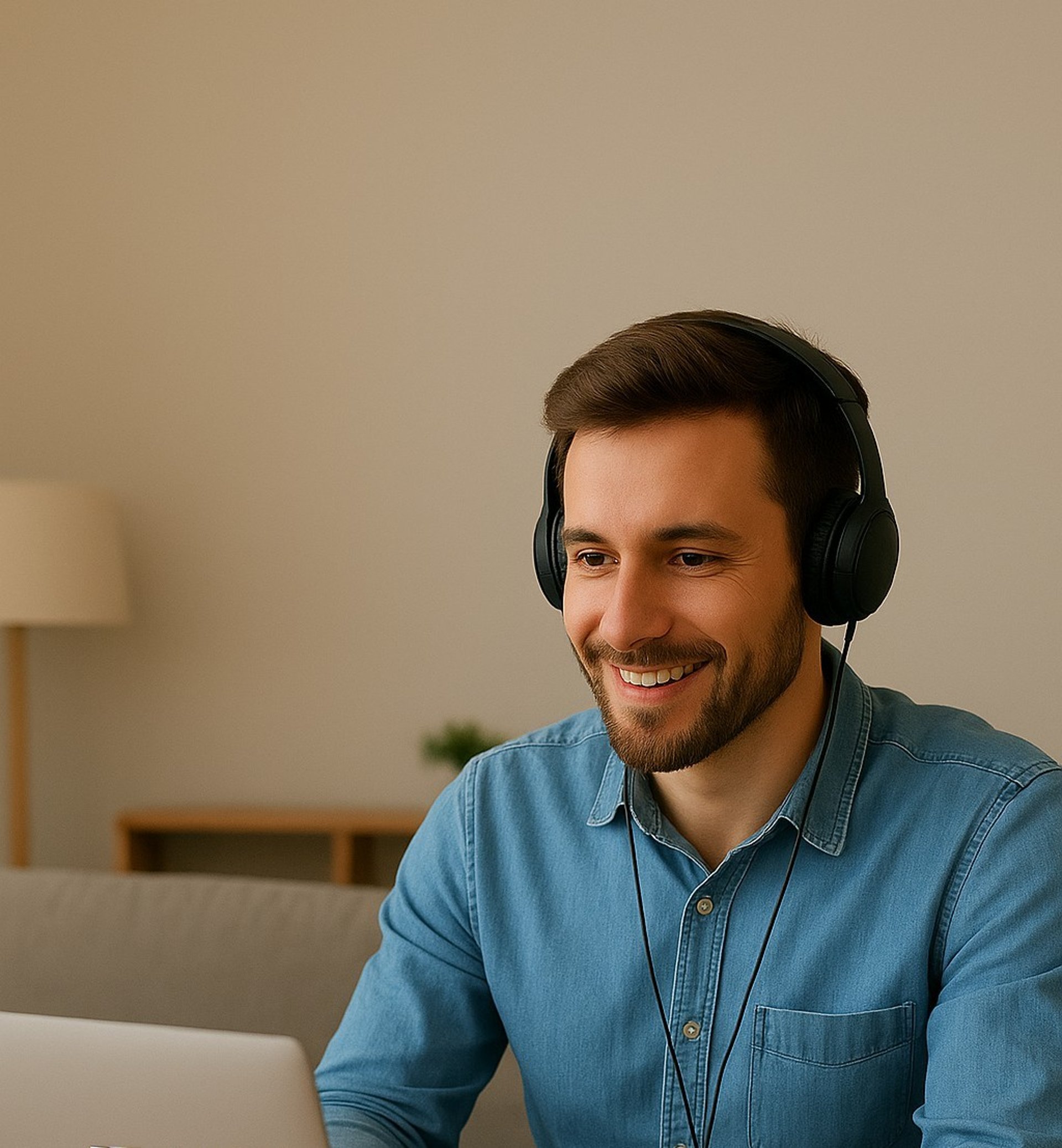 Man wearing headphones, representing focused online English lessons and clear pricing options
