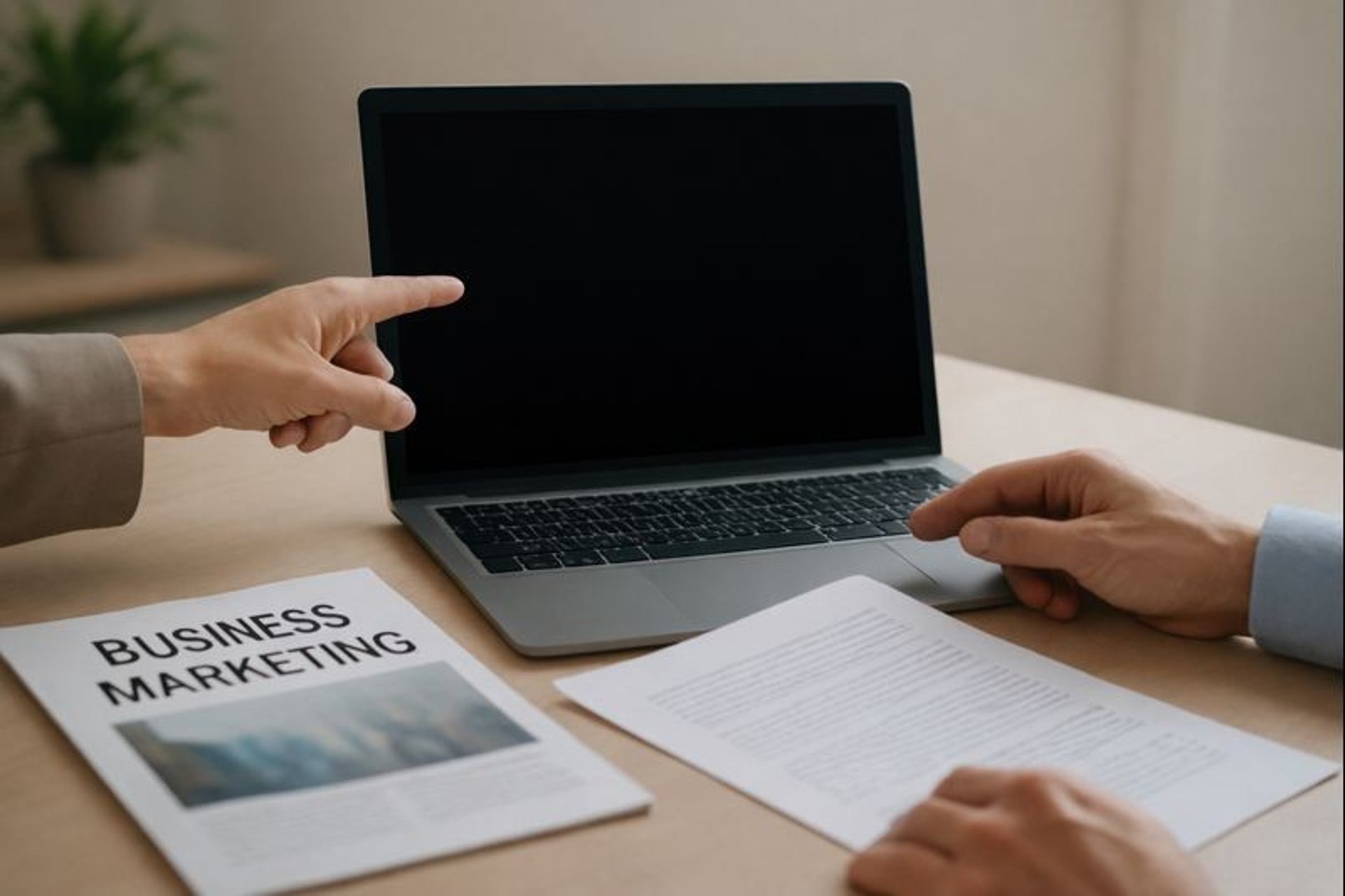 Desk with laptop, business magazine and printed materials for professional online English classes