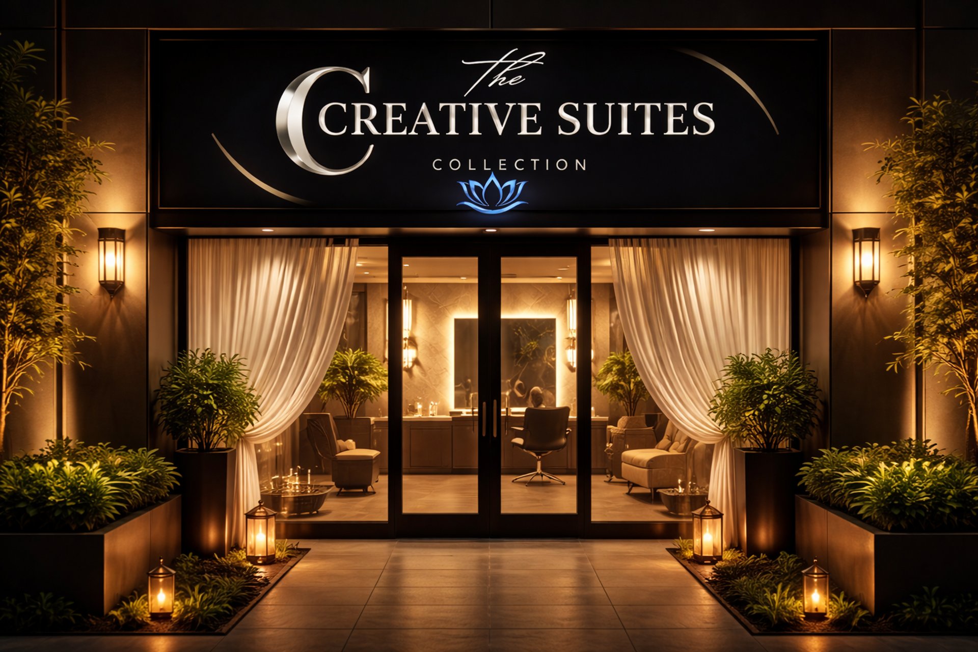 A modern and stylish barbershop interior is featured.