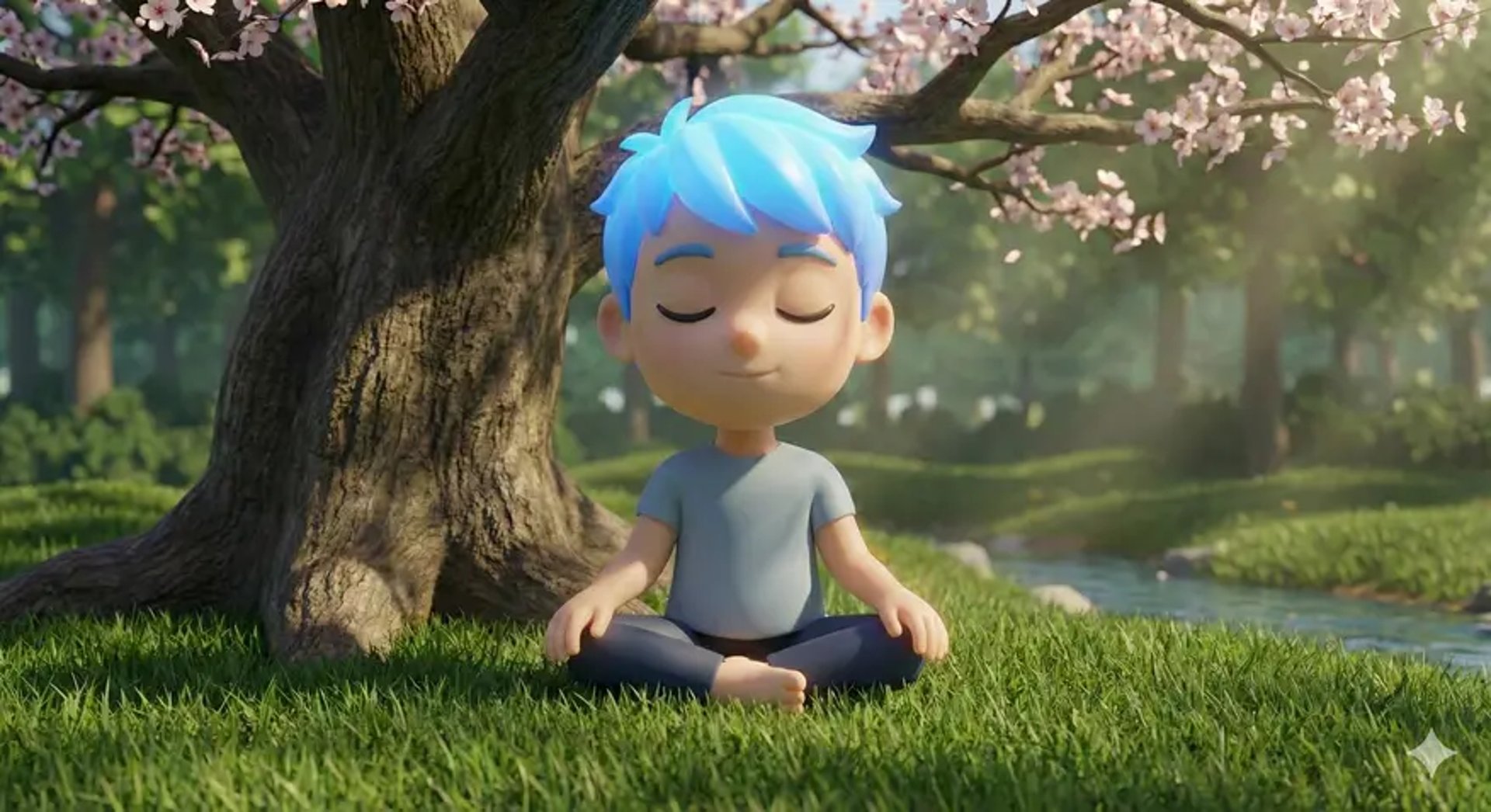  “Cartoon child sitting cross-legged meditating under a flowering tree near a stream in a peaceful green park.”