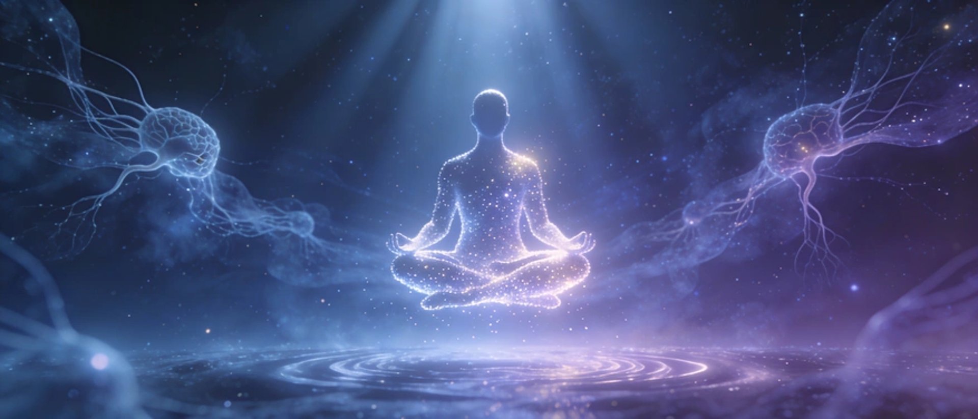 “Meditating silhouette in starry space with brain shapes on both sides and light beam above, suggesting mind-heart coherence”