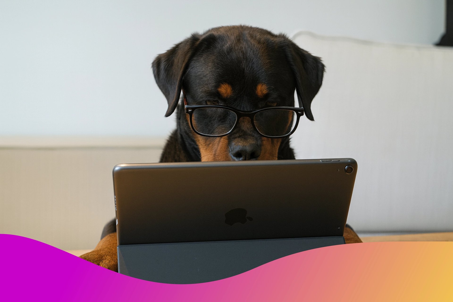 brown and white long coated small dog wearing eyeglasses on black laptop computer