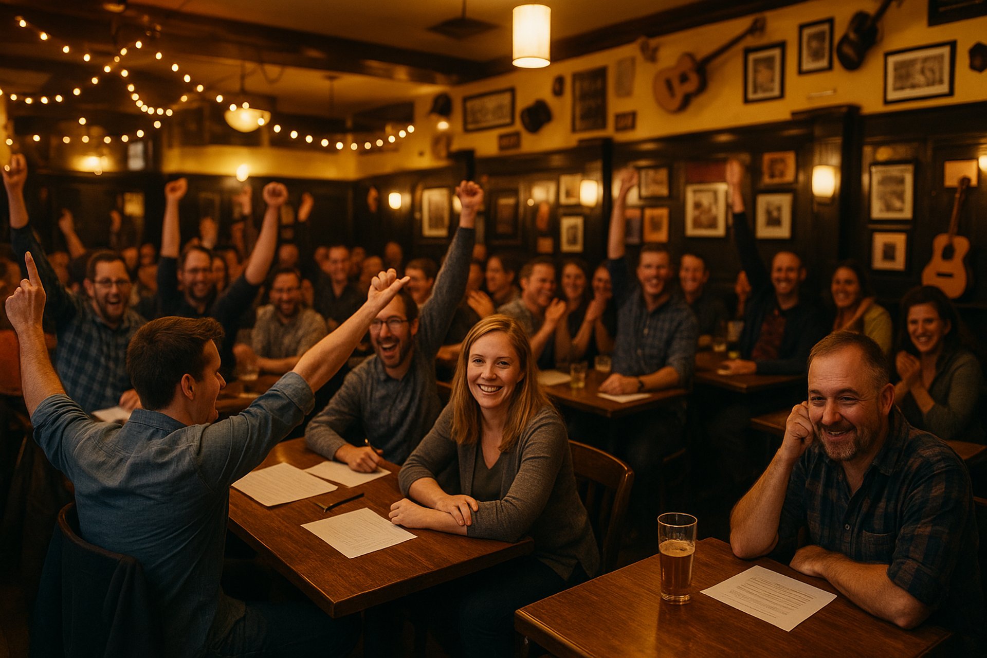 grayscale photography of Trivia night signage