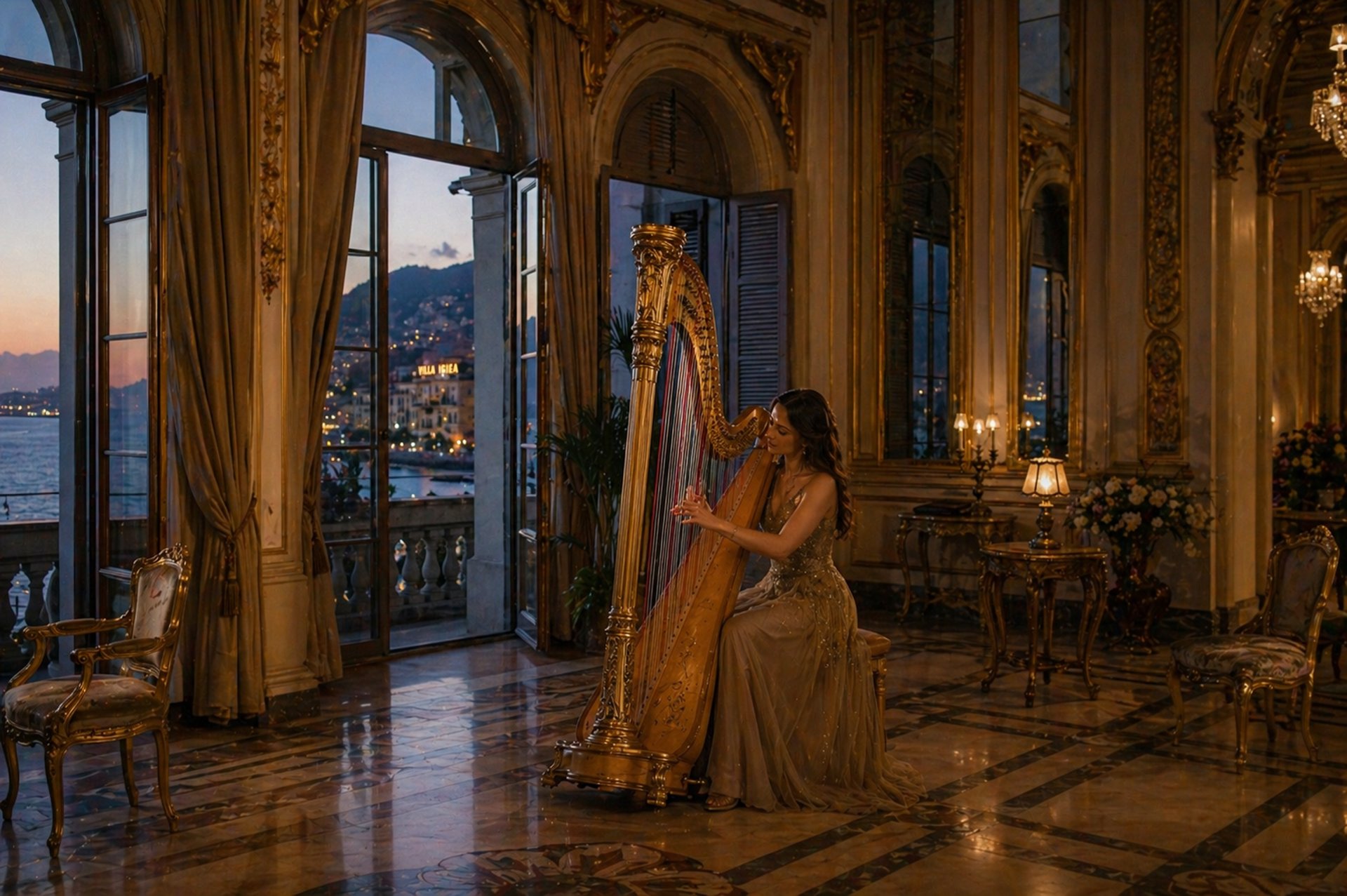 a harp sitting in a room next to a window
