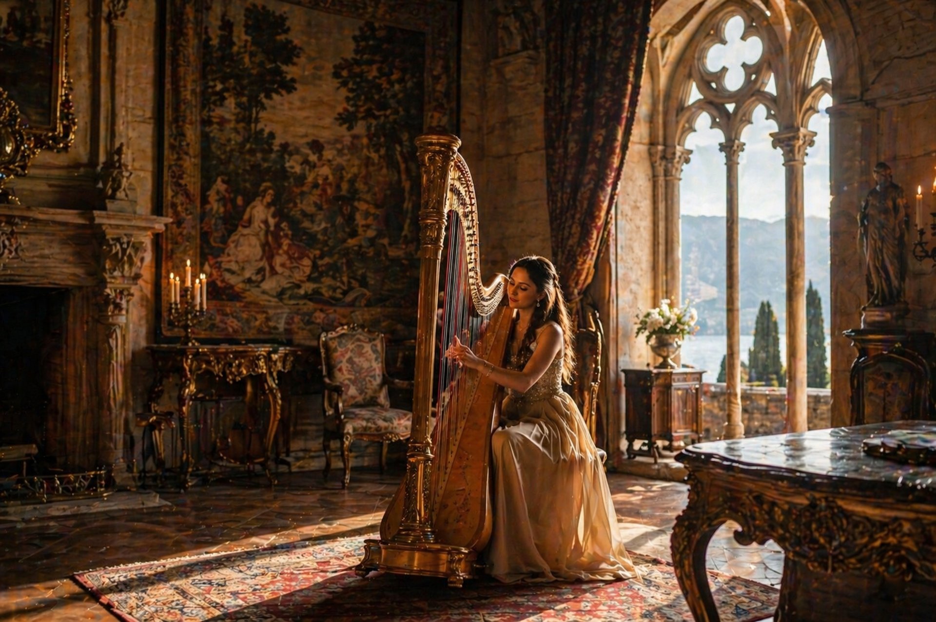 a harp sitting in a room next to a window